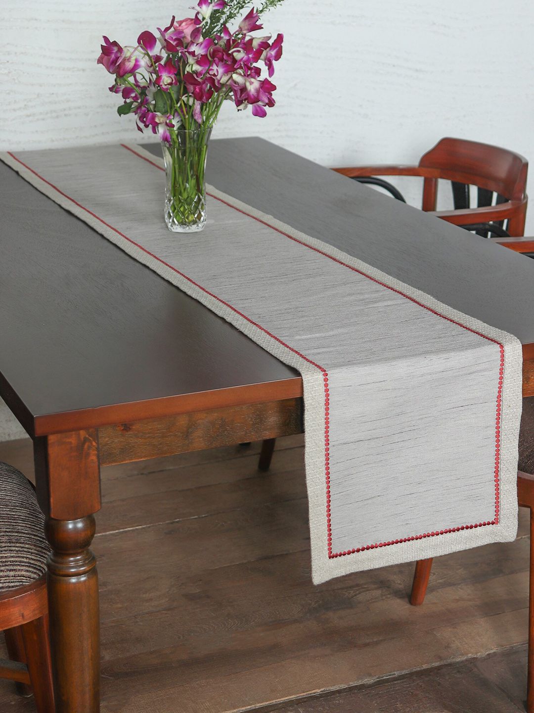 ZEBA Grey & Red Embroidered Table Runner-image-4