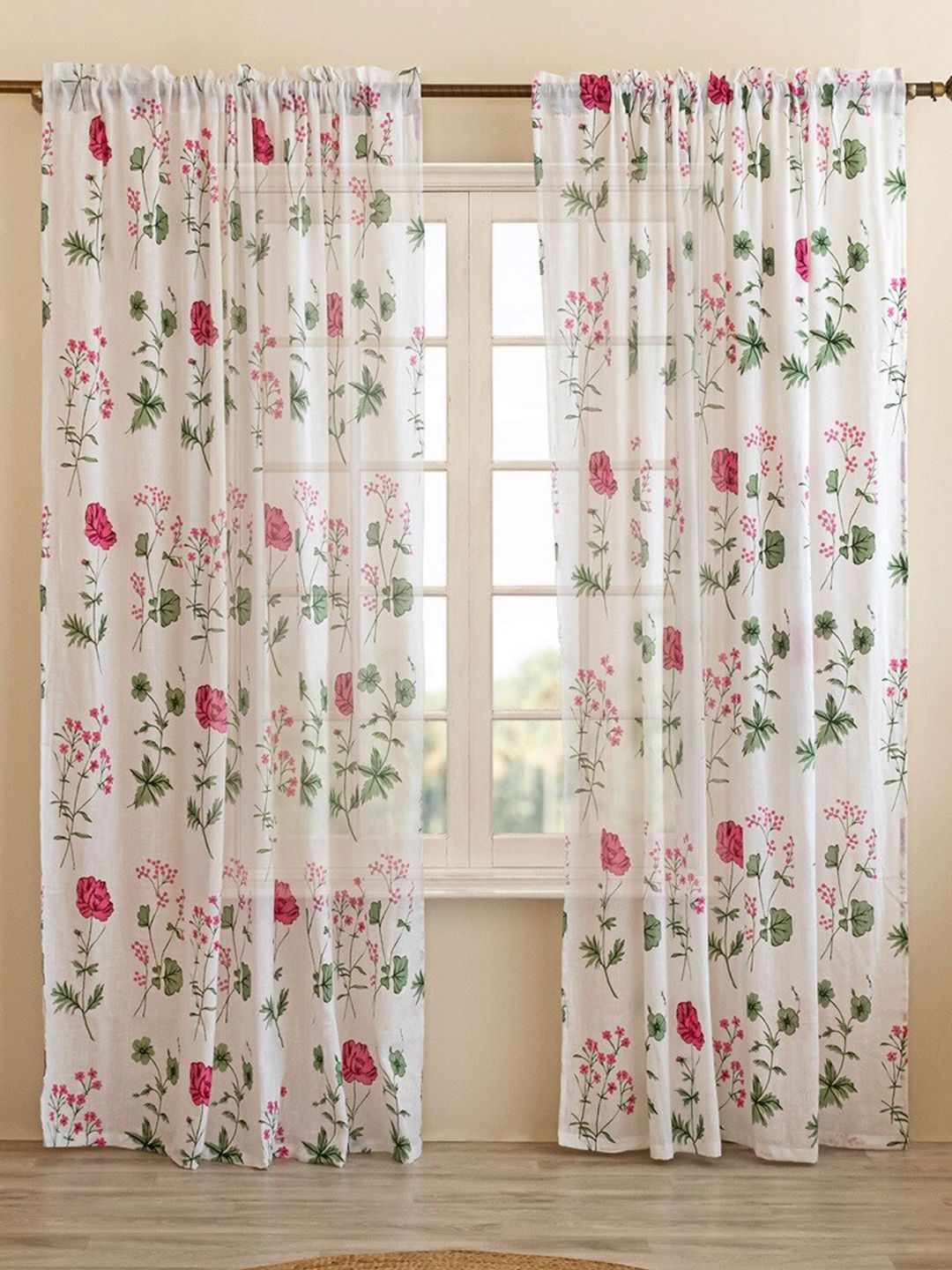 HOMEMONDE Pink & White 2 Pieces Floral Cotton Sheer Long Door Curtains-image-4