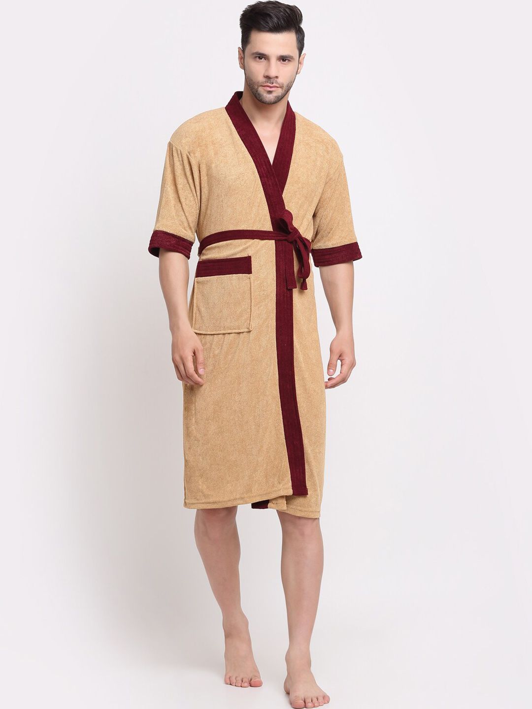 Creeva Belted Knee Length Terry Bath Robe-image-5