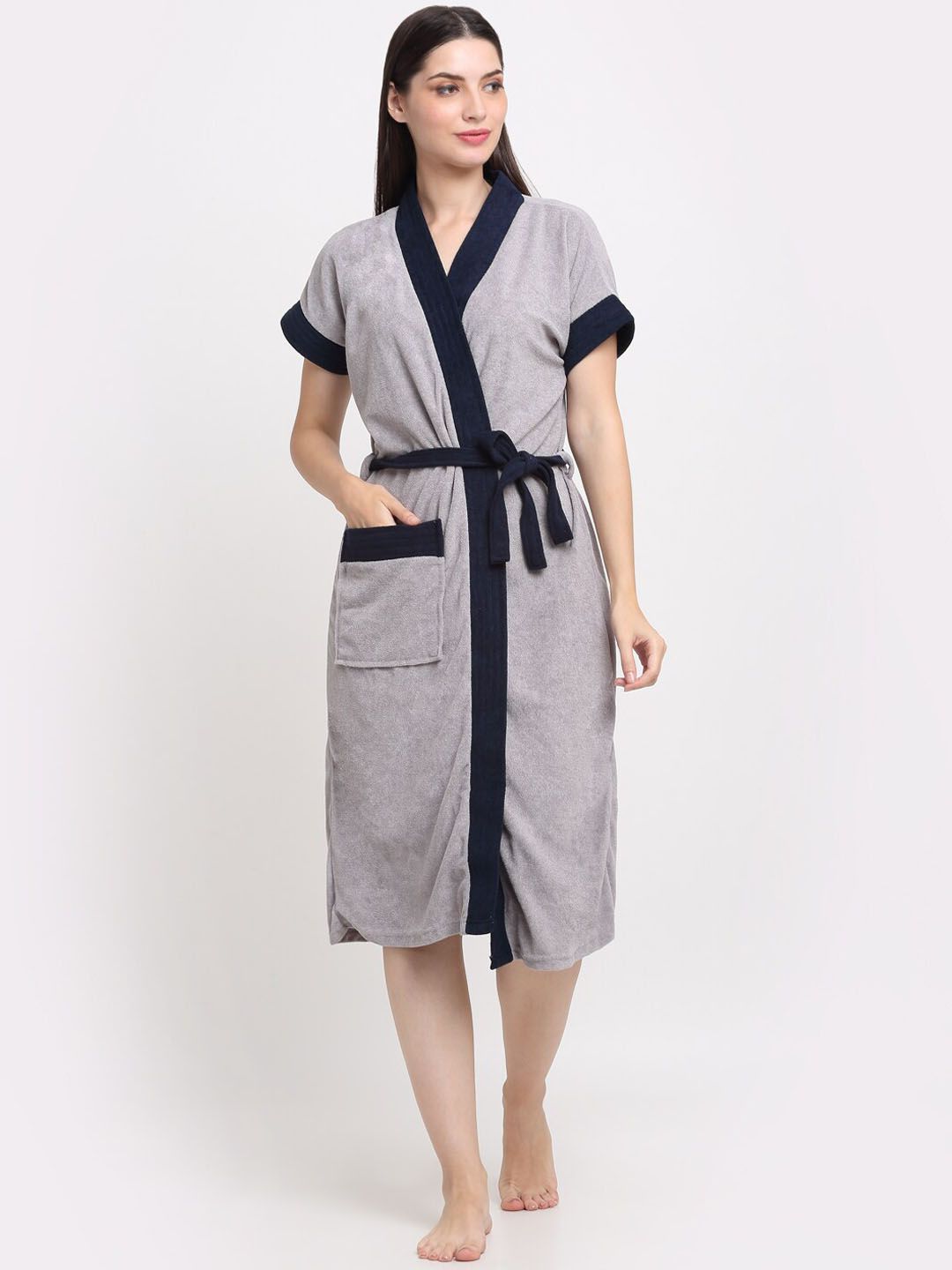 Creeva Everyday Collection Shawl Collar Knee Length Terry Bath Robe With Front Pocket-picture-39