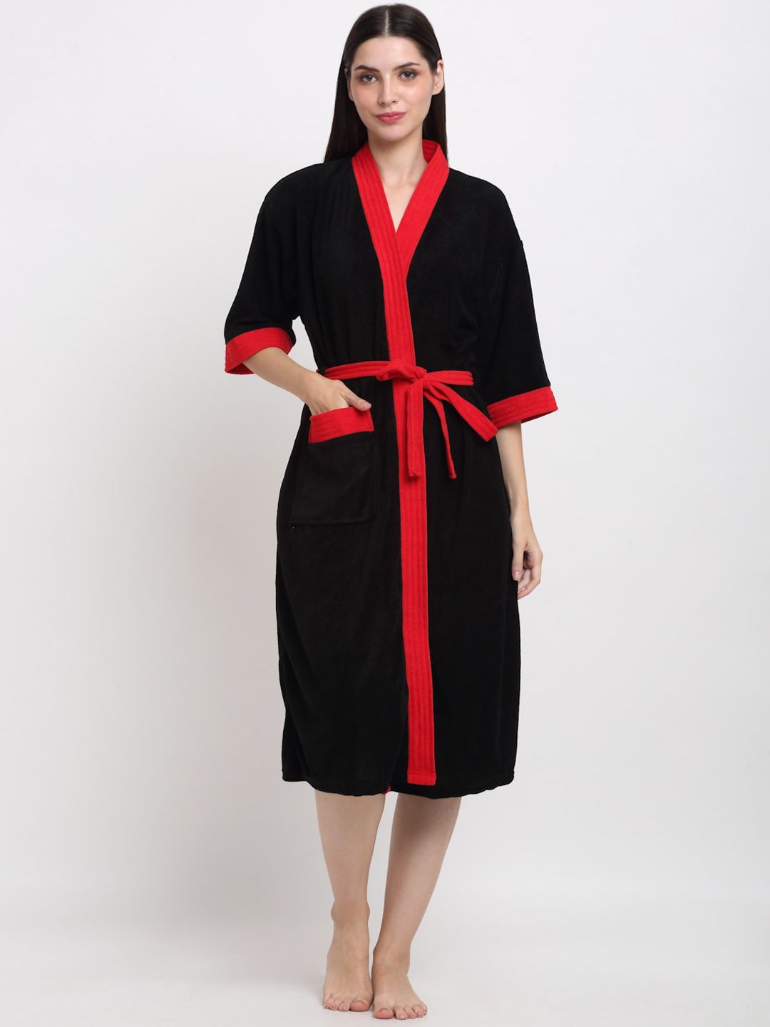 Creeva Everyday Collection Shawl Collar Knee Length Terry Bath Robe With Front Pocket-picture-38