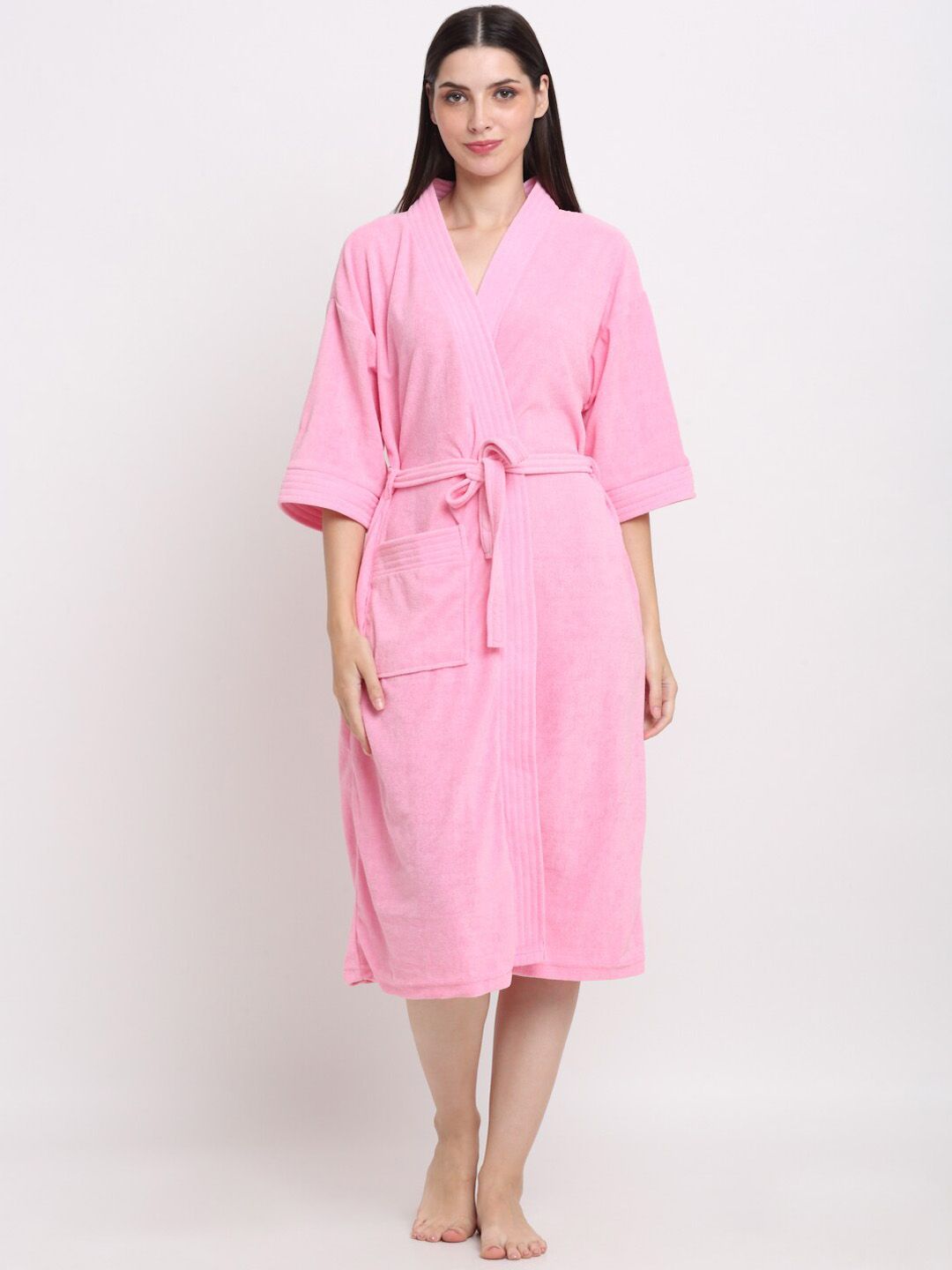 Creeva Belted Knee Length Terry Cotton Bath Robe-image-31