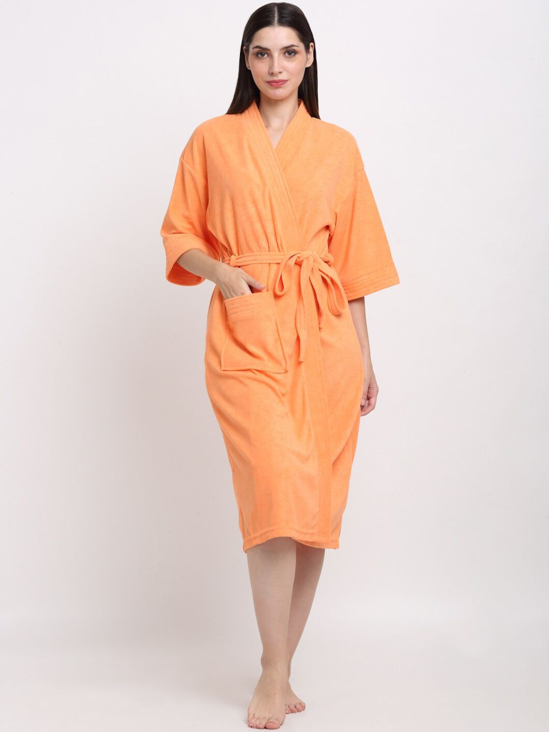 Creeva Belted Knee Length Terry Cotton Bath Robe-image-29