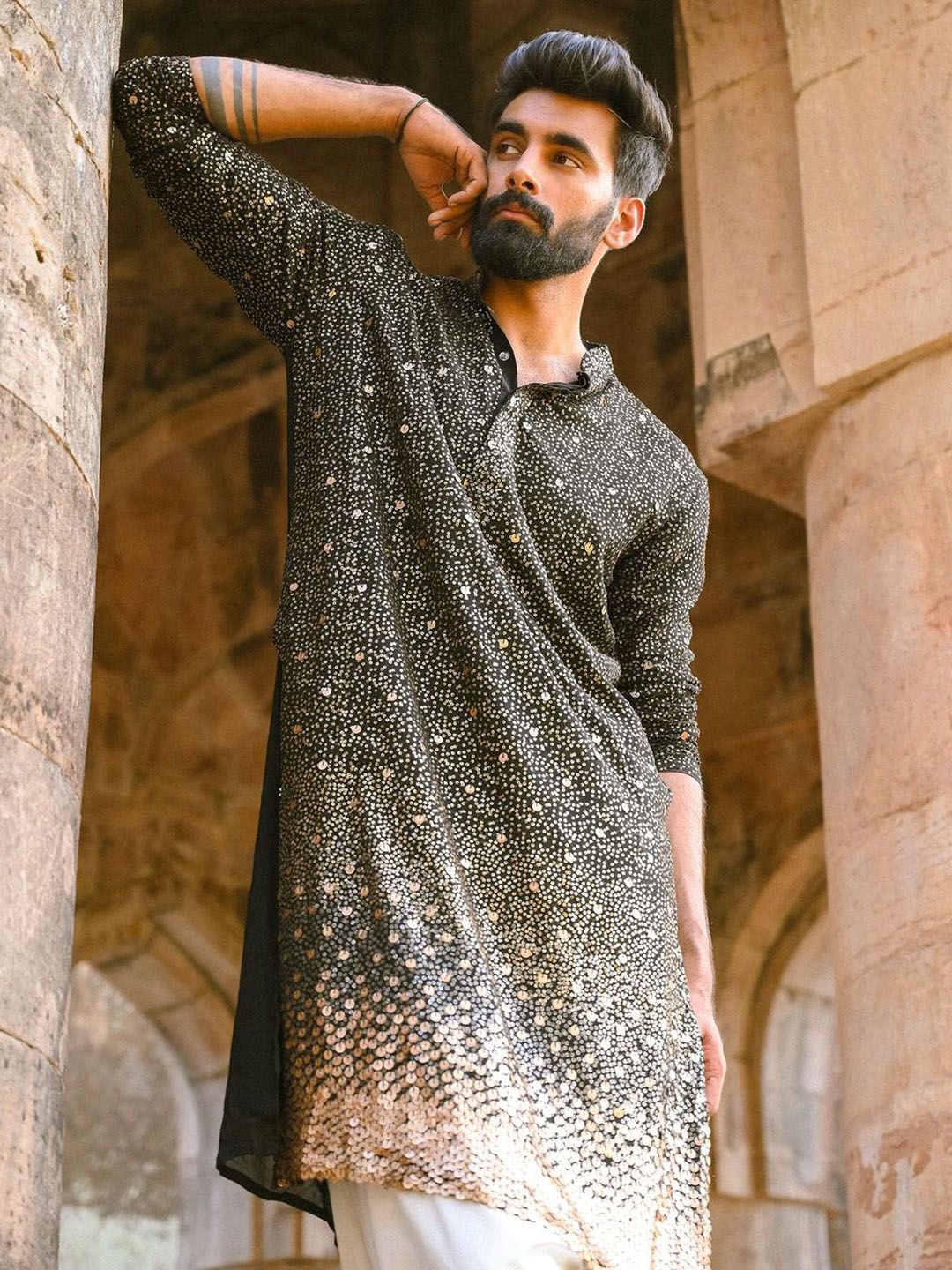 SHRESTHA BY VASTRAMAY Embellished Mandarin Collar Sequinned Georgette Kurta-picture-35