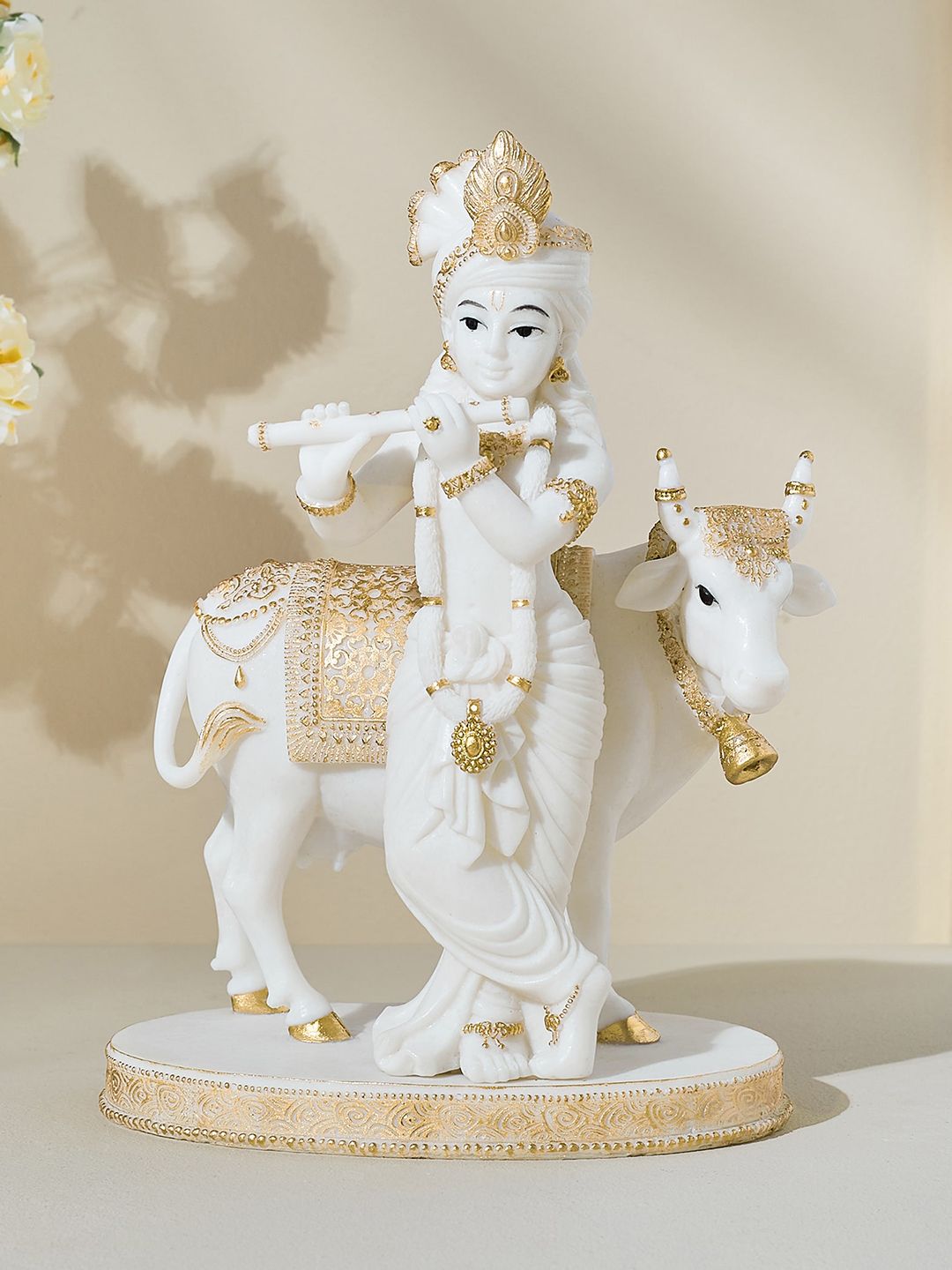 Home Centre White & Metallic-toned Lord Krishna With Cow Showpiece-image-25
