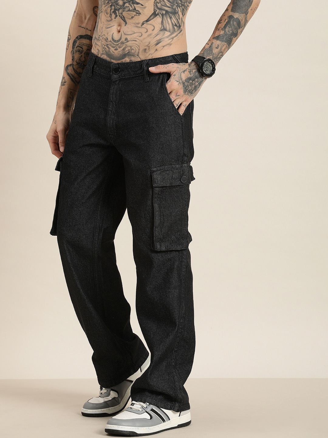 HERE&NOW Men Pure Cotton Cargo Fit Mid-Rise Jeans