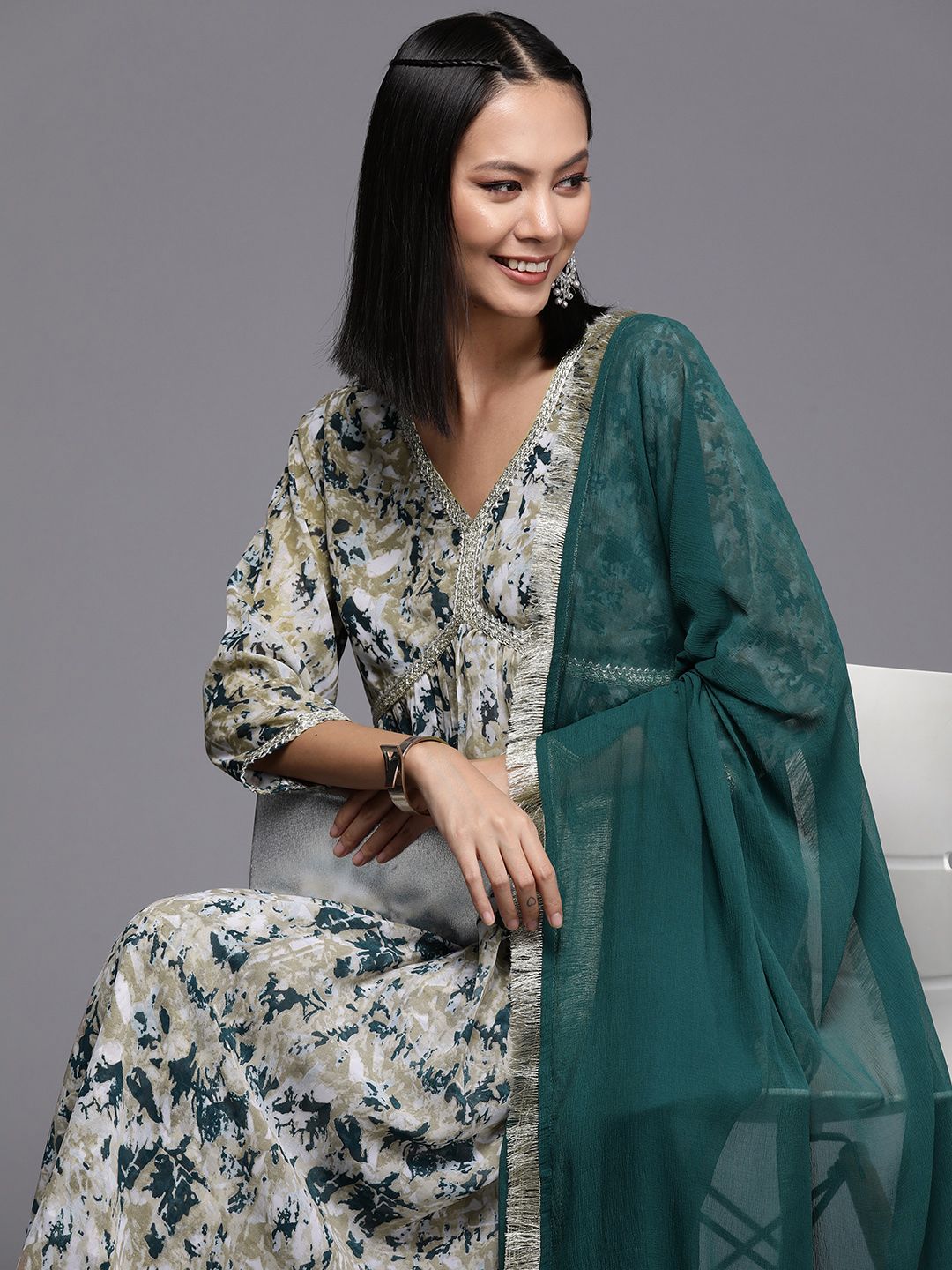 Varanga Women Printed Pleated Silk Georgette Kurta with Trousers & Dupatta