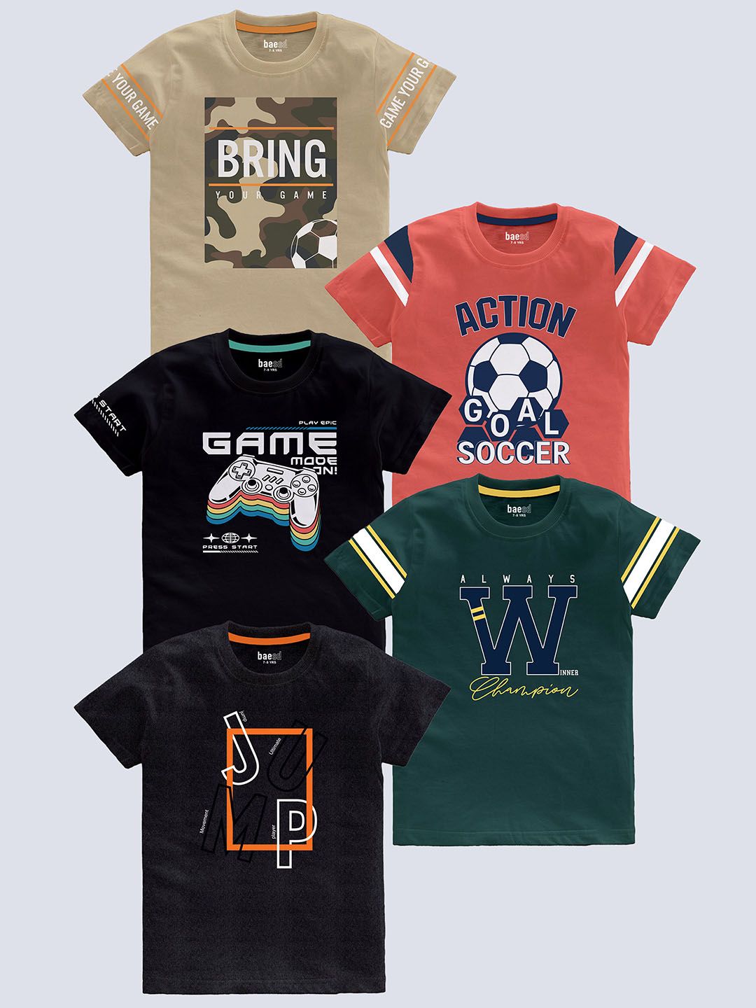 BAESD Boys Pack Of 5 Typography Printed Round Neck Short Sleeves Pure Cotton T-shirt-picture-14