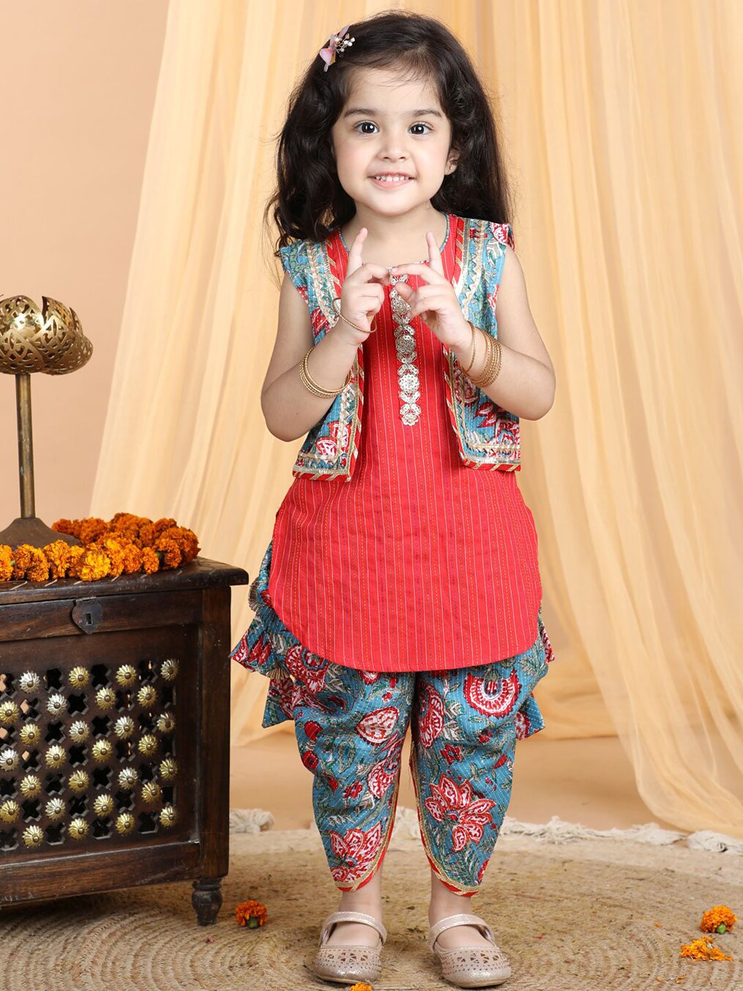 here&now x kinder kids Kinder Kids Girls Striped Pure Cotton Gotta Patti Kurti With Dhoti Pants & Jacket-picture-26