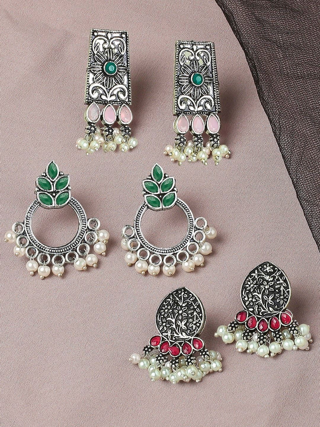 OOMPH Set Of 3 Floral Oxidised Jhumkas-picture-23