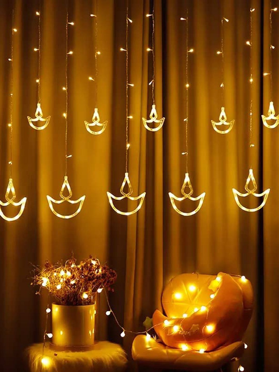 Quace Gold Toned & White Diya Curtain String Lights-picture-43
