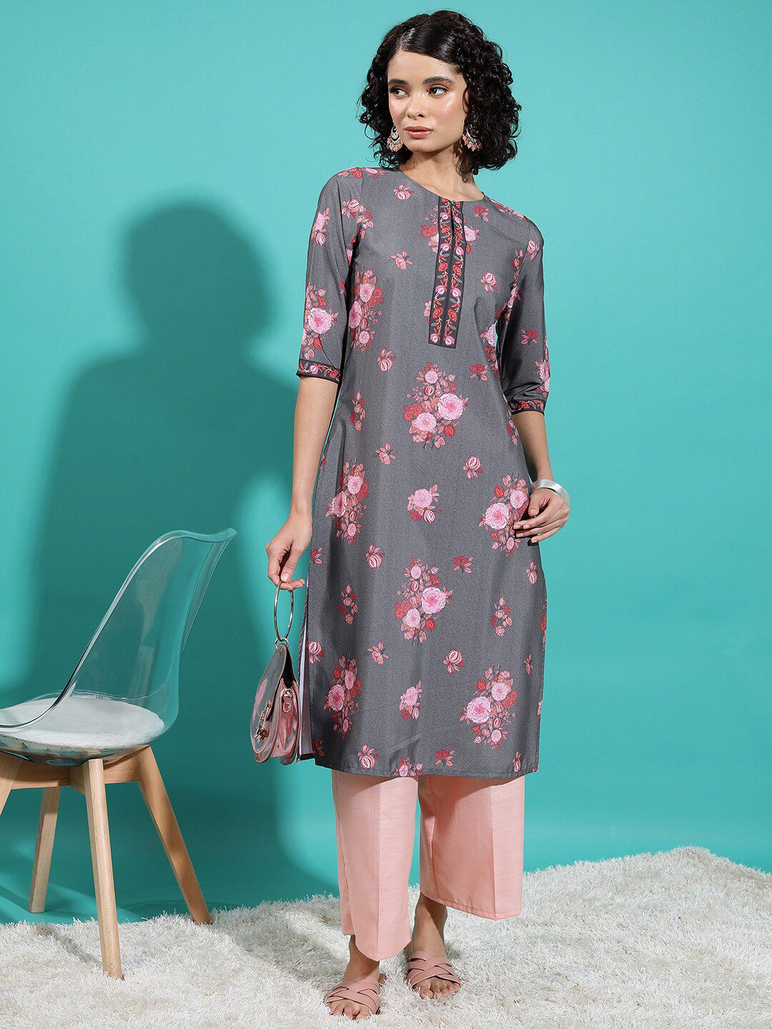 KETCH Grey Floral Printed Straight Kurta-image-49