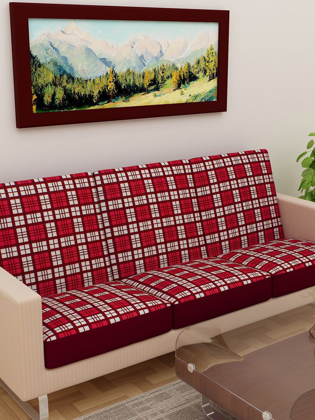 DREAM CARE Red & White Printed Cotton 3-Seater Sofa Cover-picture-28