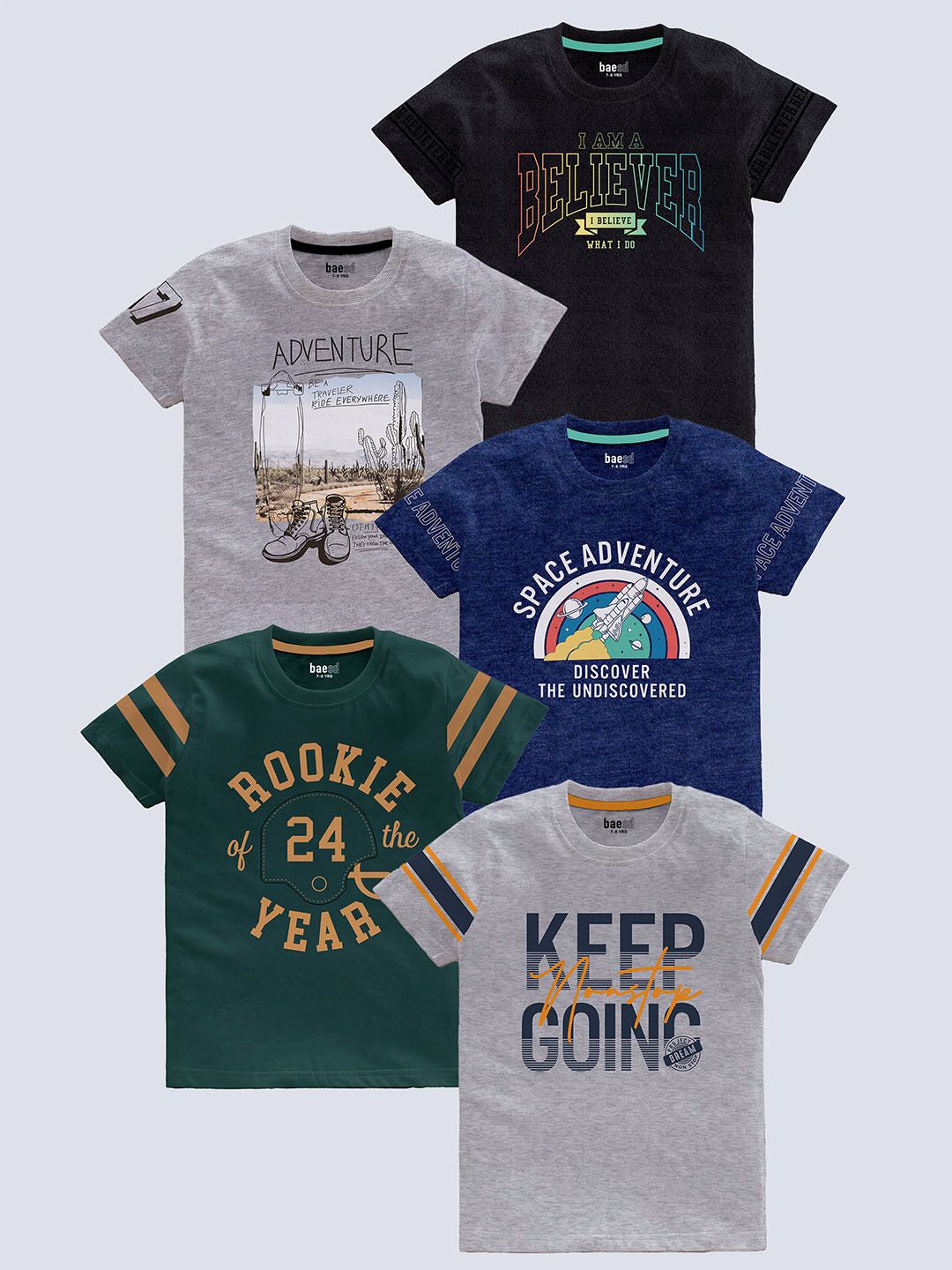 BAESD Boys Pack of 5 Typography Printed Cotton T-shirt-picture-49