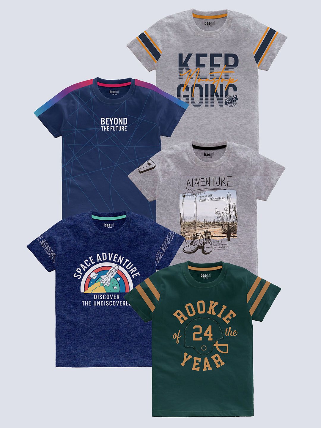 BAESD Boys Pack Of 5 Typography Printed Pure Cotton T-shirt-picture-34