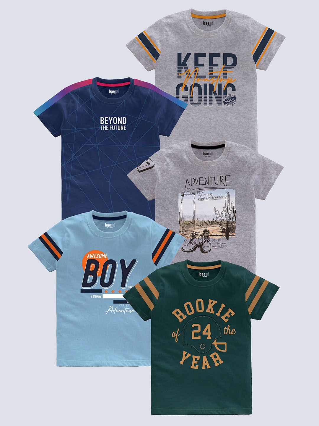BAESD Boys Pack Of 5 Typography Printed Pure Cotton T-shirt-picture-38