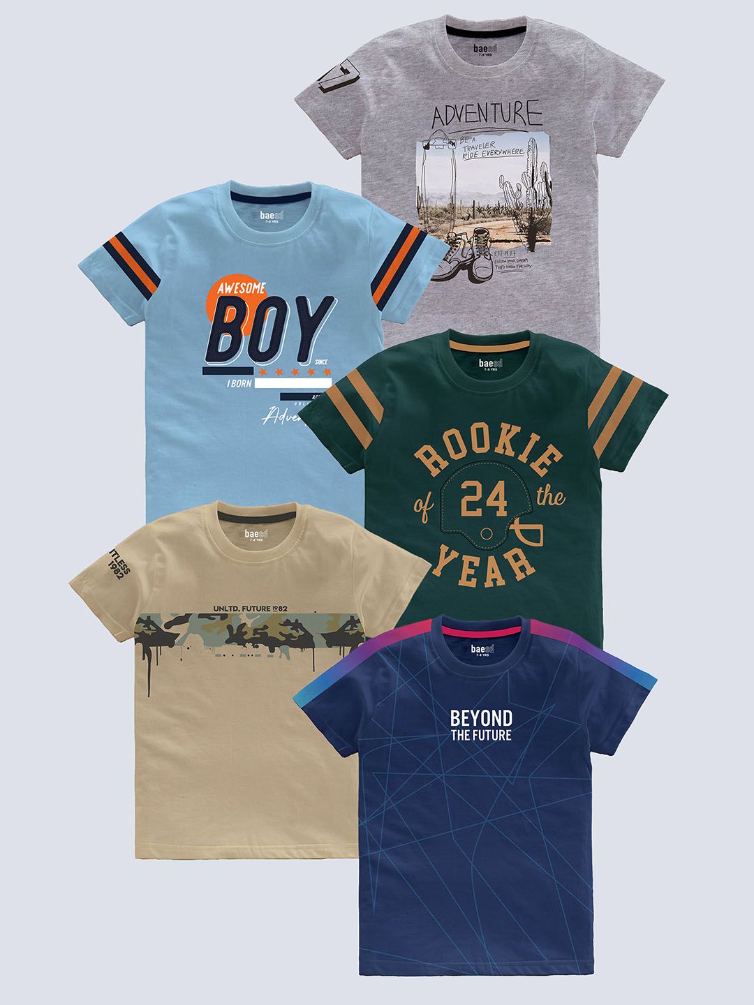 BAESD Boys Pack Of 5 Typography Printed Pure Cotton T-shirt-picture-37