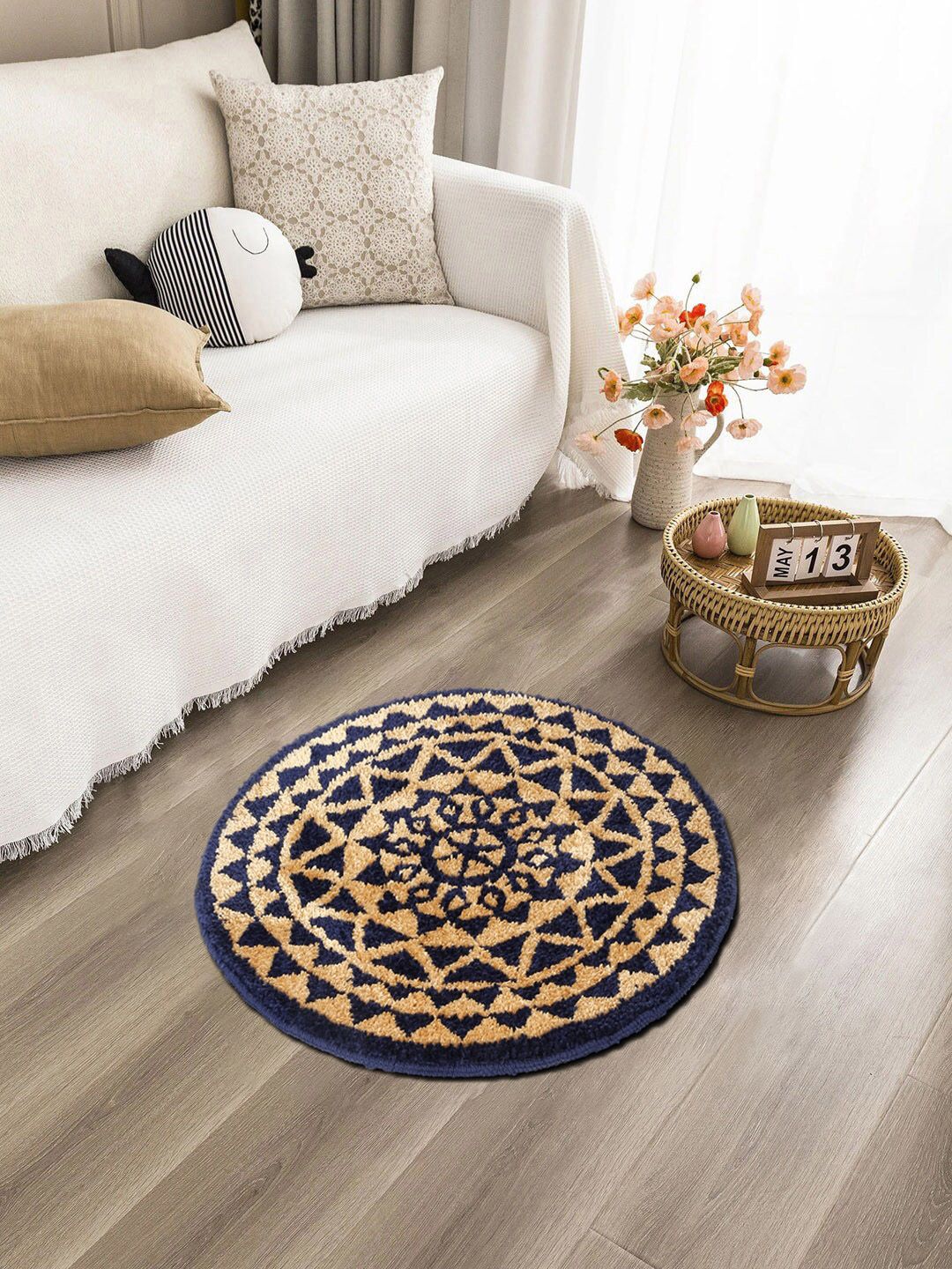 FABINALIV Navy Blue & Brown Geometric Printed Anti-Skid Round Floor Mat-picture-11