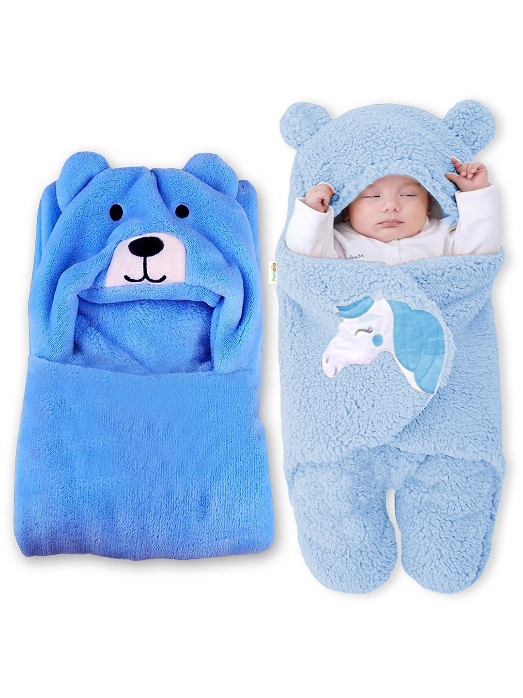 OyO Baby Infants 2 Pcs Blue Mild Winter 300 GSM Hooded Wrapper Blankets-picture-37