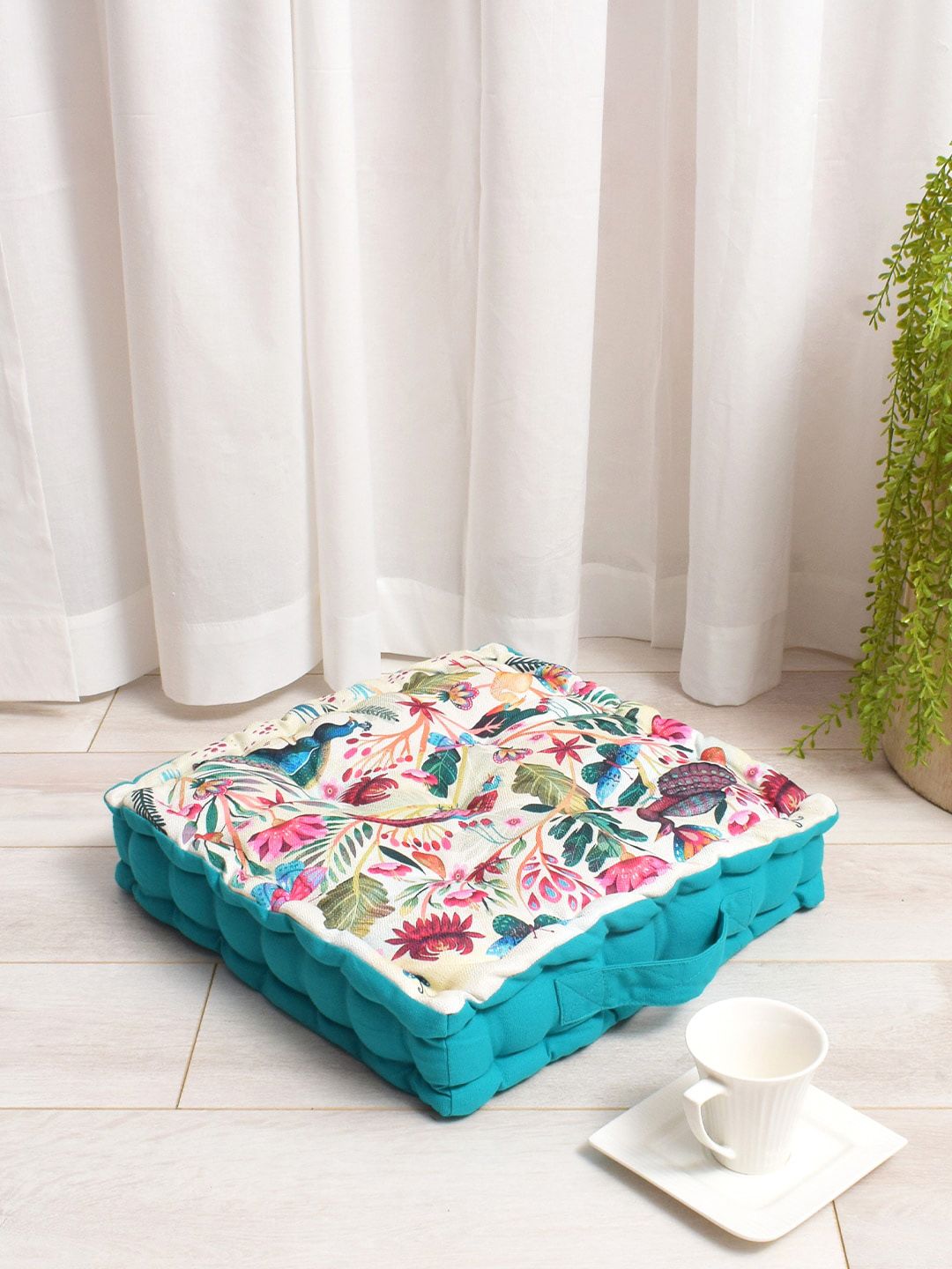 BLANC9 White & Turquoise Blue Tropical Printed Square Floor Cushion-image-43