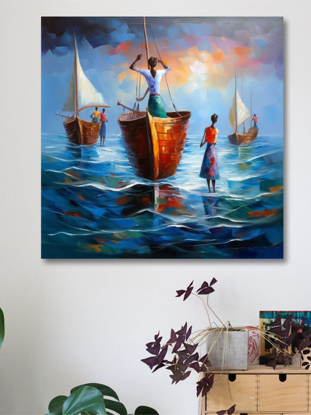 SAF Blue & Brown Wooden Framed Abstract Canvas Painting Wall Art-picture-11