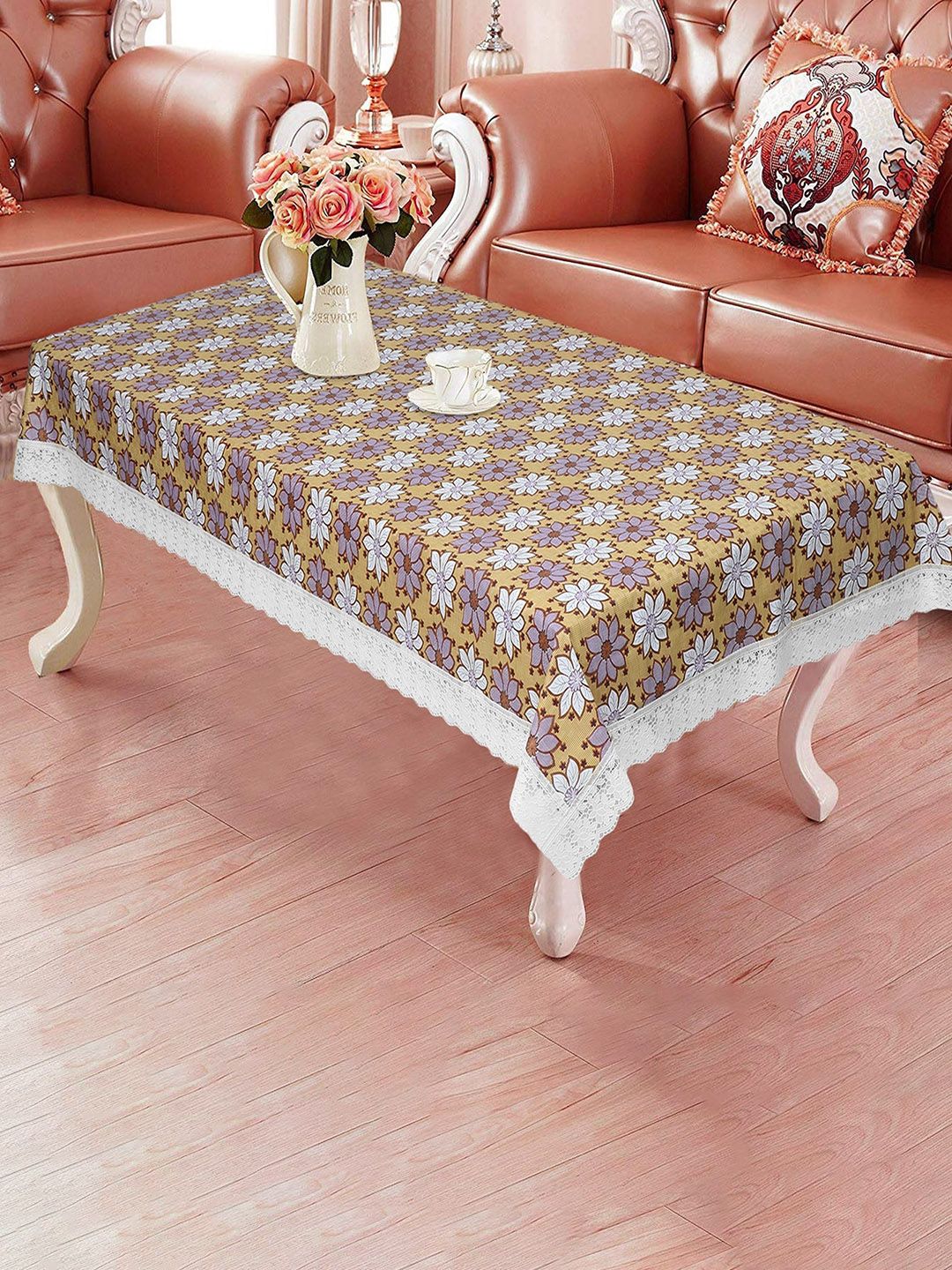 Dakshya Industries Beige & White Floral Printed 4-Seater Rectangle Table Cover-picture-21
