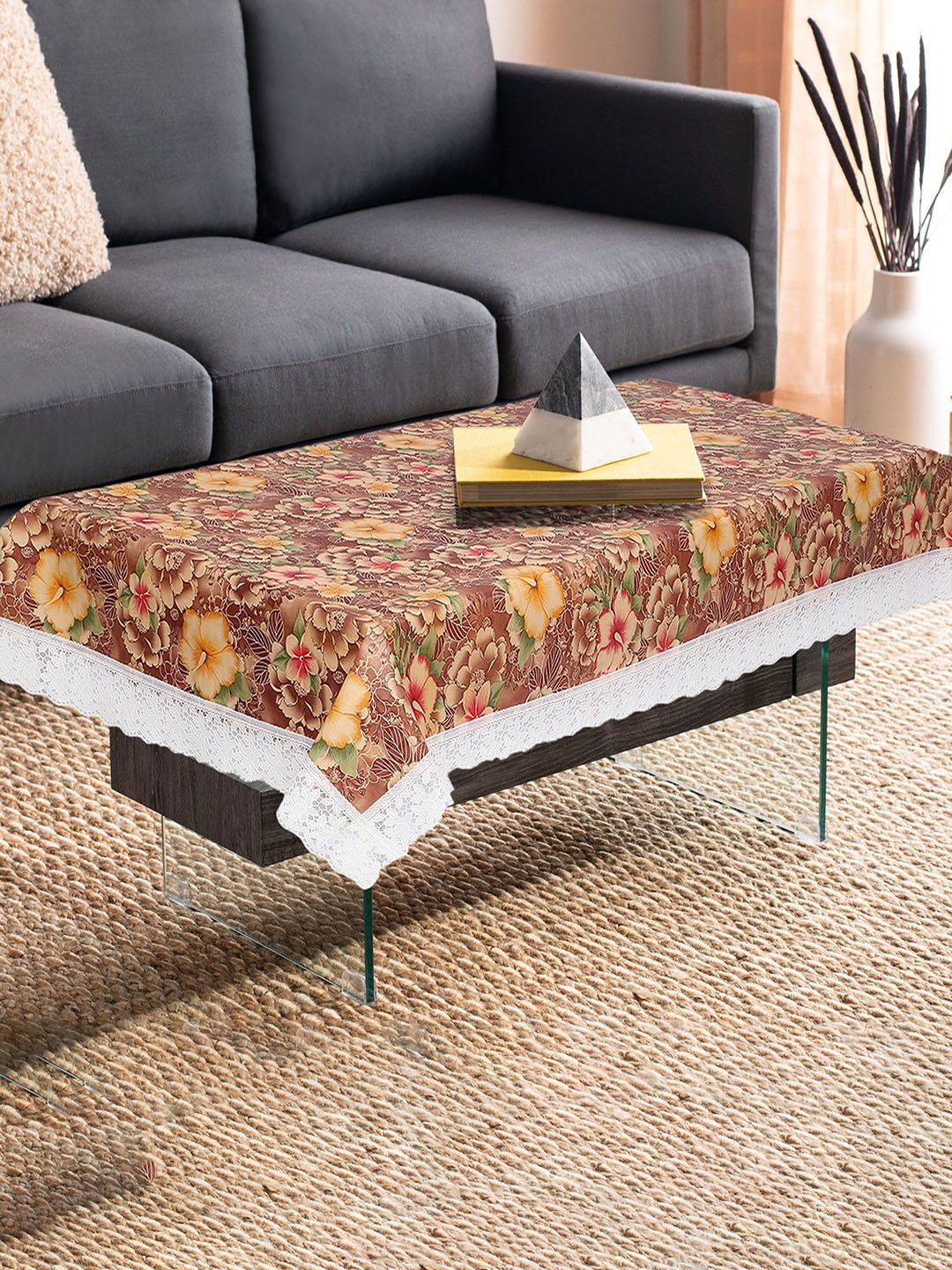 Dakshya Industries Beige & Brown Floral Printed 4-Seater Rectangle Table Cover-picture-20