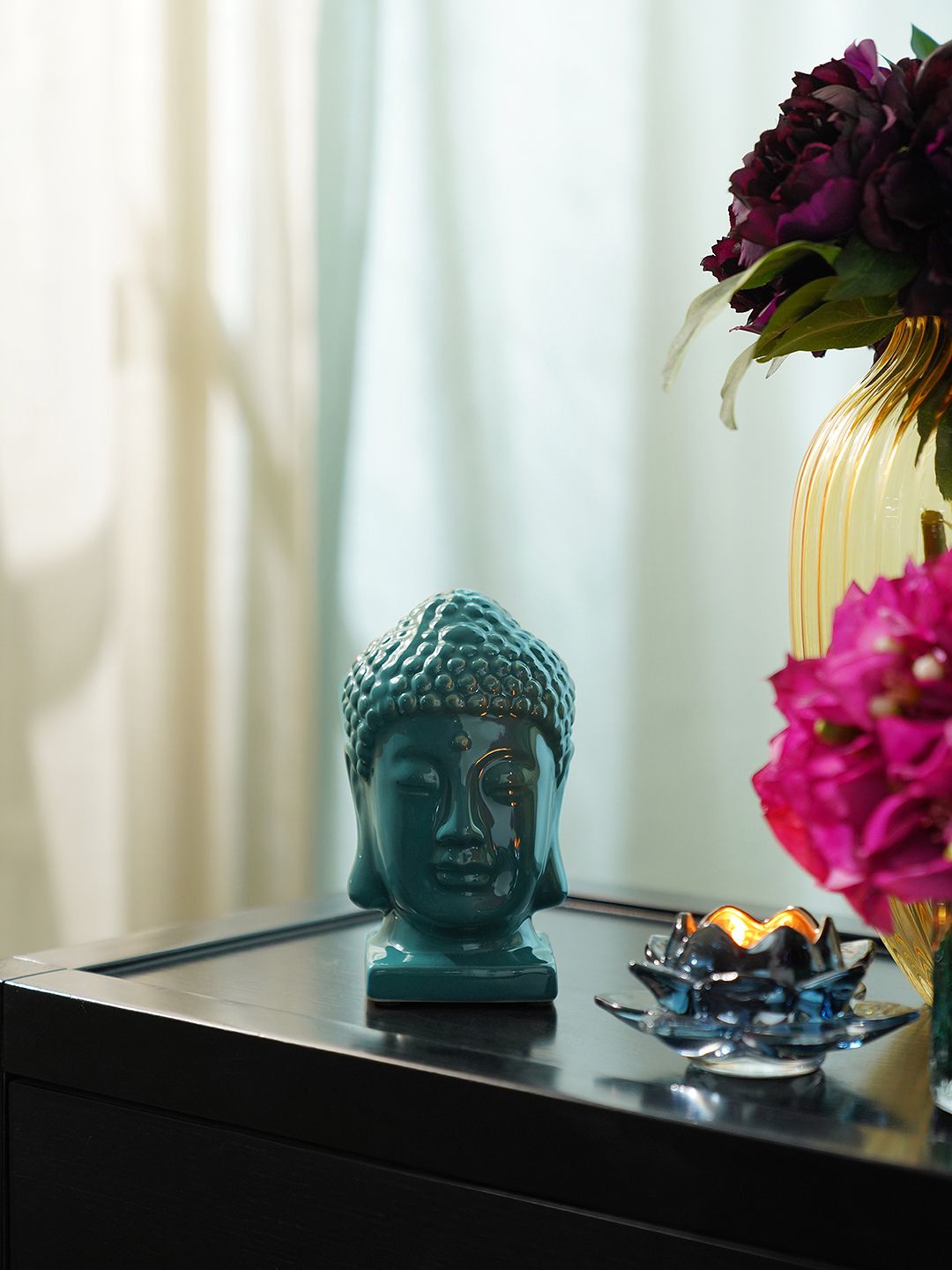 Pure Home and Living Teal Blue Textured Ceramic Buddha Head With Base Showpiece-picture-24