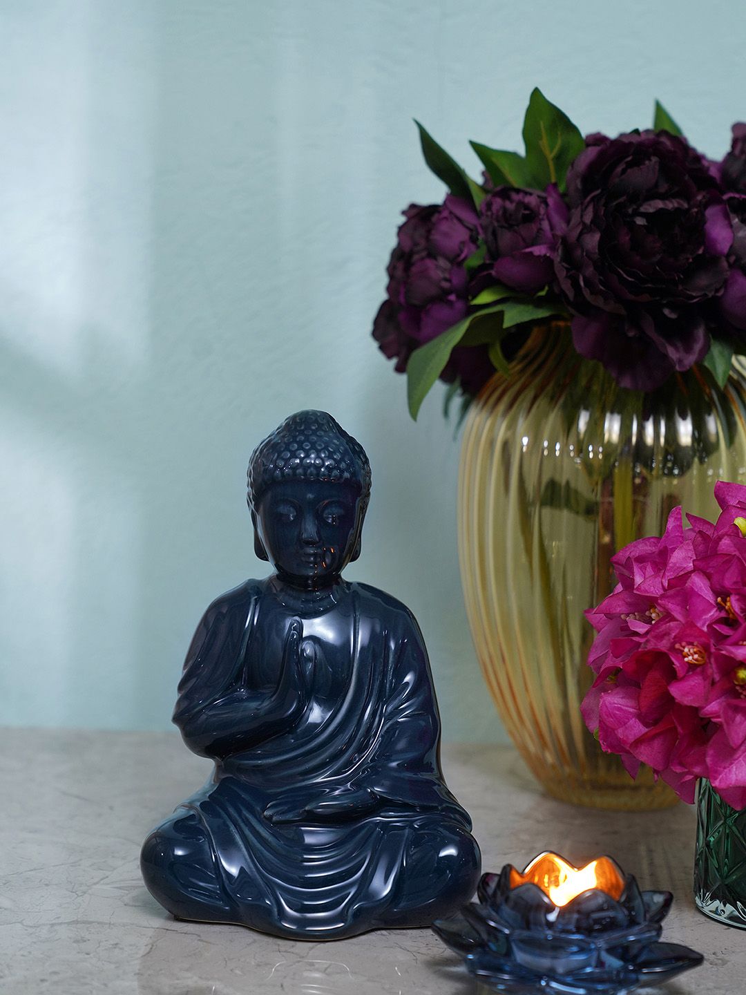 Pure Home and Living Navy Blue Textured Ceramic Sitting Buddha Showpiece-picture-27