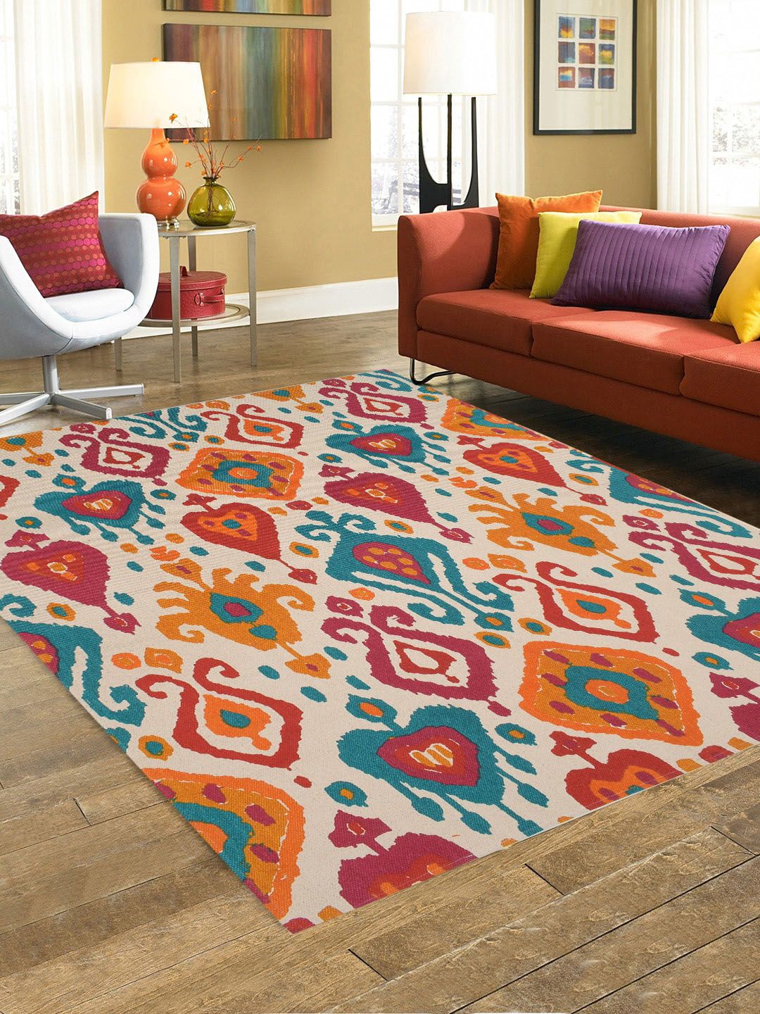 BLANC9 Red & Orange Ecletic Ikat Printed Cotton Carpet-picture-32