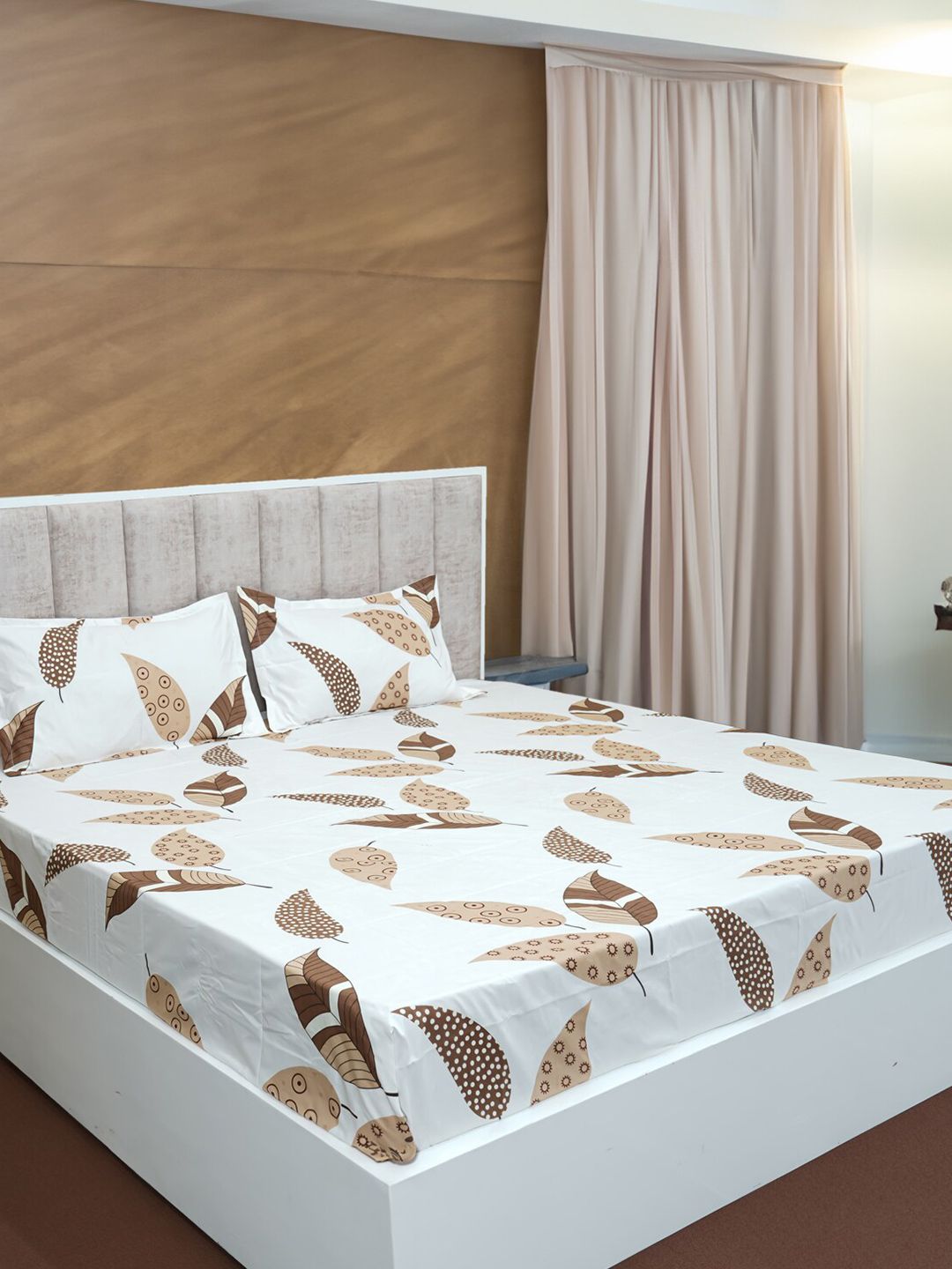 BELLA TRUE White & Beige Floral Microfiber 210 TC Flat King Bedsheet With 2 Pillow Covers-image-13