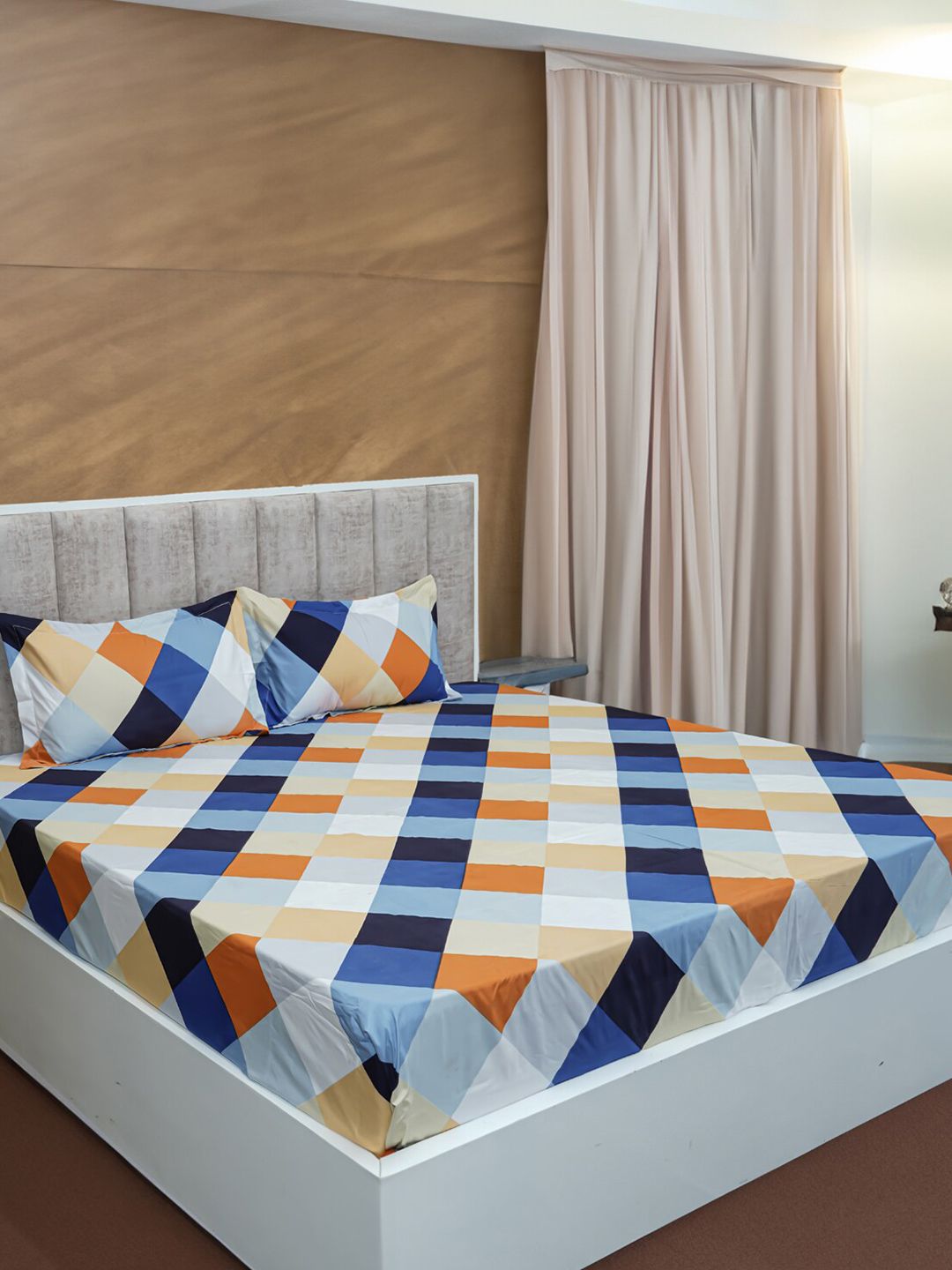 BELLA TRUE White Geometric Microfiber 210 TC Flat King Bedsheet With 2 Pillow Covers-image-42