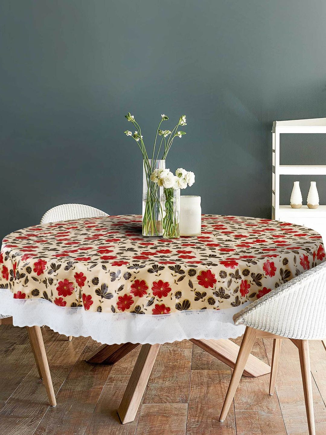 Dakshya Industries Beige & Red Printed PVC 6 Seater Table Covers-picture-36