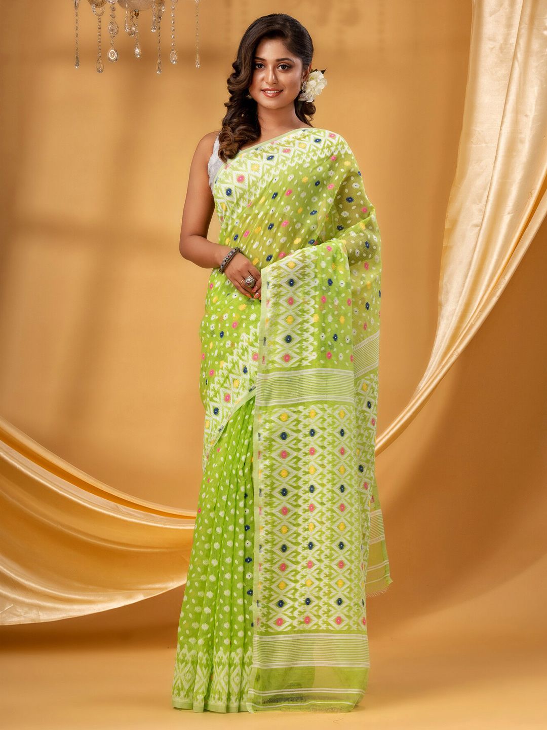 DESH BIDESH Ethnic Motifs Woven DesignPure Cotton Jamdani Saree-picture-26