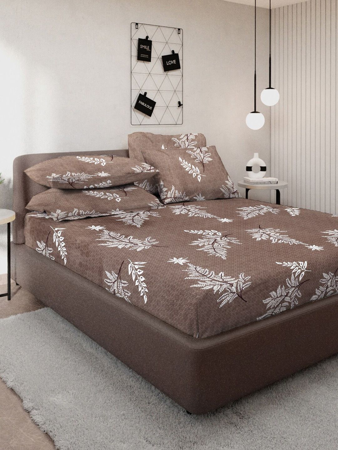 KLOTTHE Brown & White Floral Printed 300 TC Fitted Double King Bedsheet & 4 Pillow Cover-picture-16