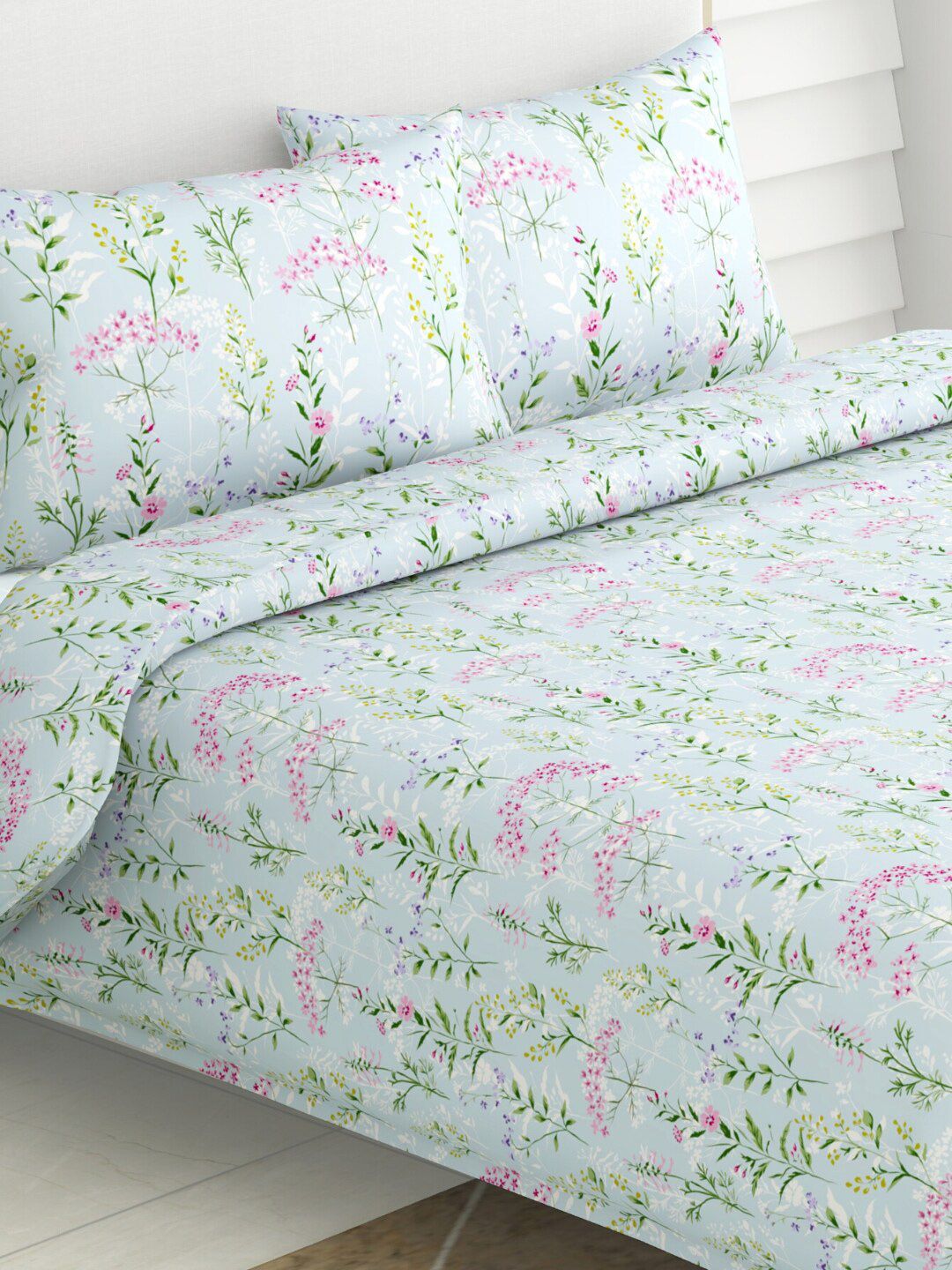 haus & kinder Green & White Floral Pure Cotton 186 TC Queen Bedsheet with 2 Pillow Covers-picture-12