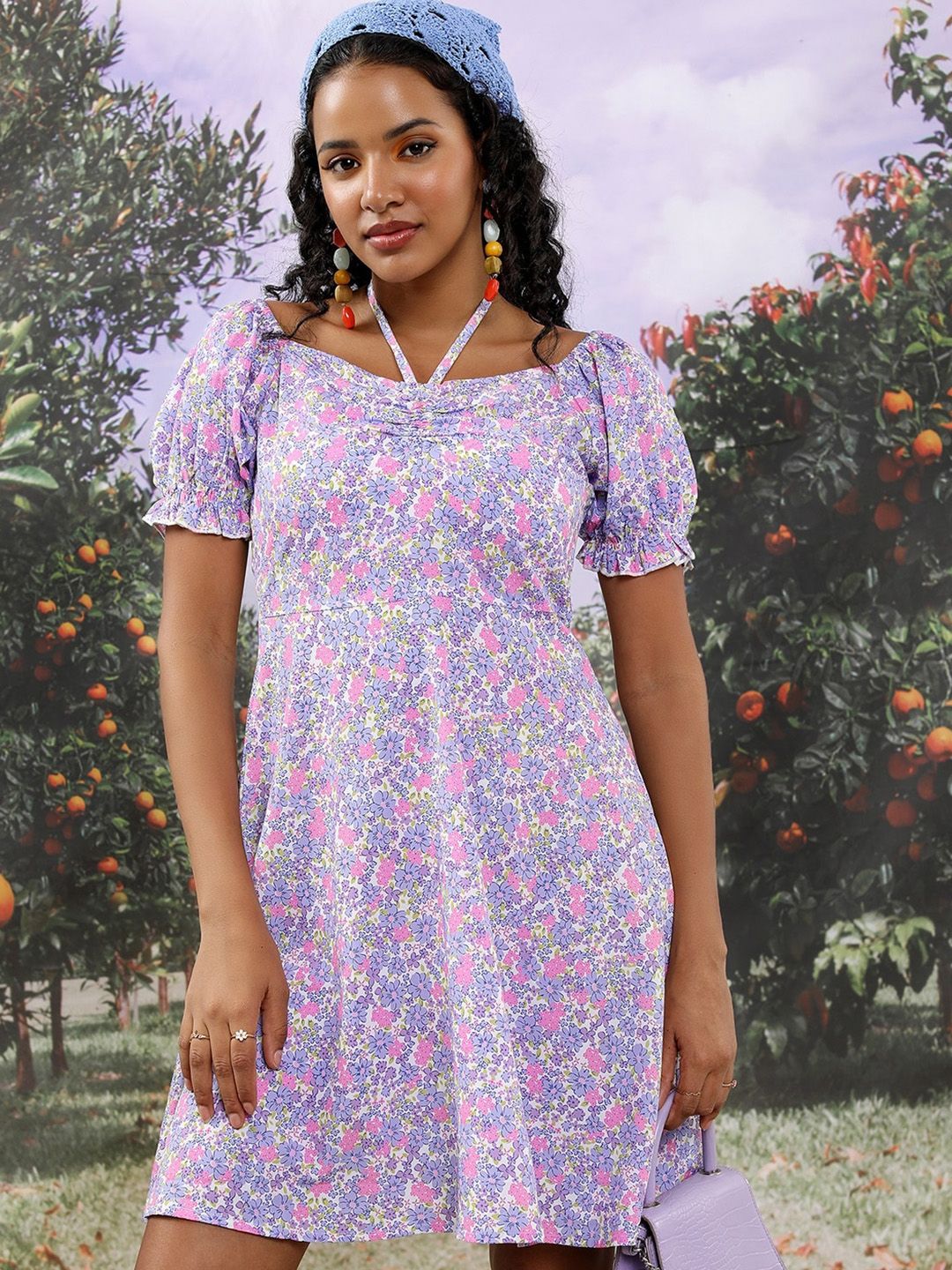 Tokyo Talkies Floral Printed Puff Sleeves Tie-Up Detail Fit & Flare Dress-image-27