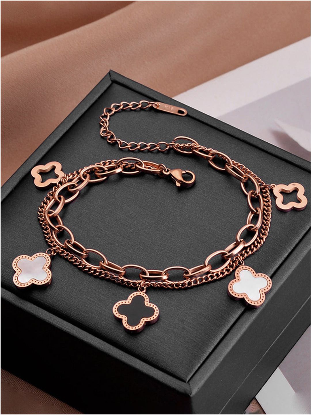 Designs & You Stainless Steel Rose Gold Plated Mother Of Pearl Link Bracelet-picture-12