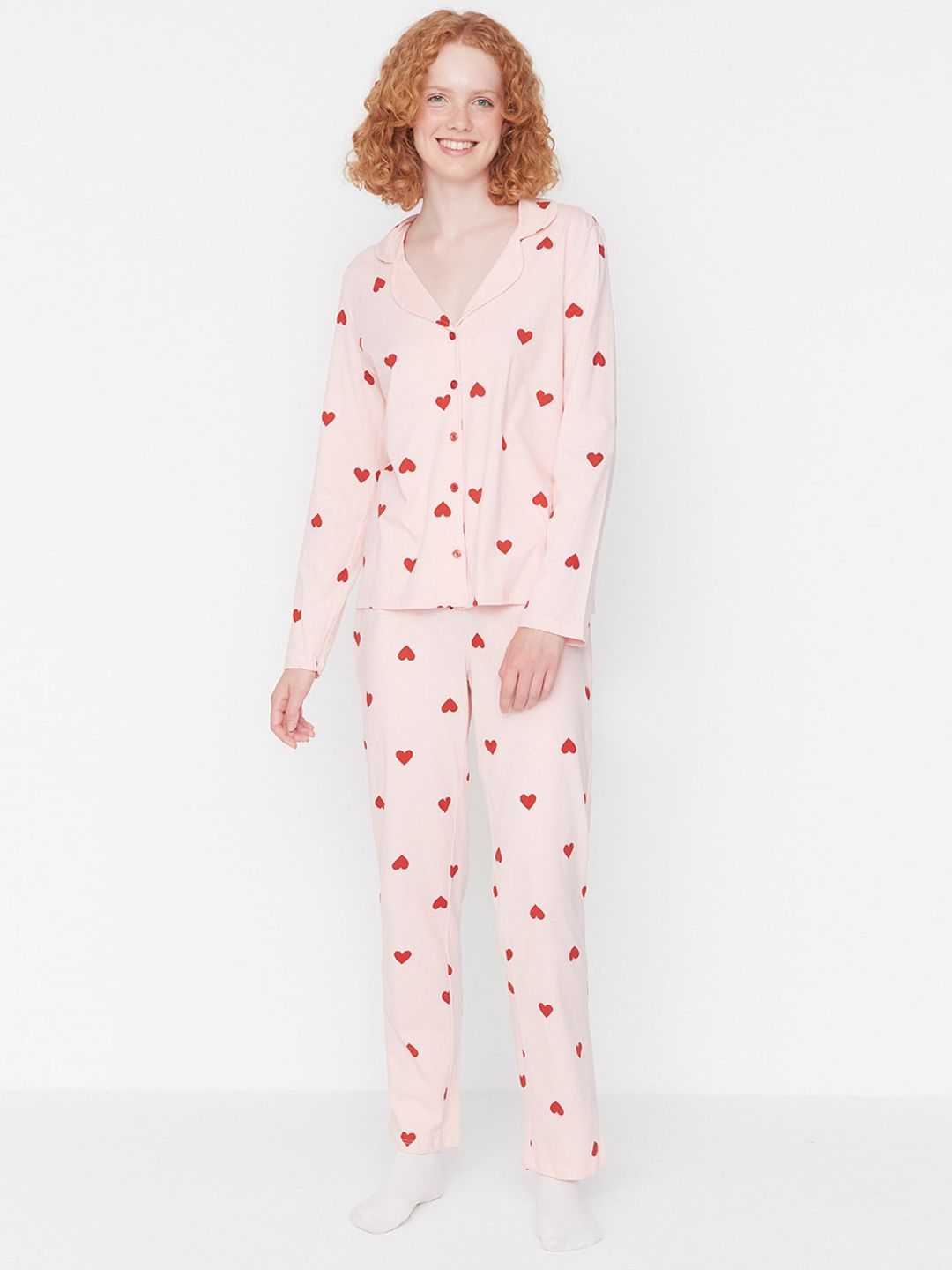 Trendyol Conversational Printed Notch Lapel Collar Pure Cotton Shirt & Pyjamas-image-10