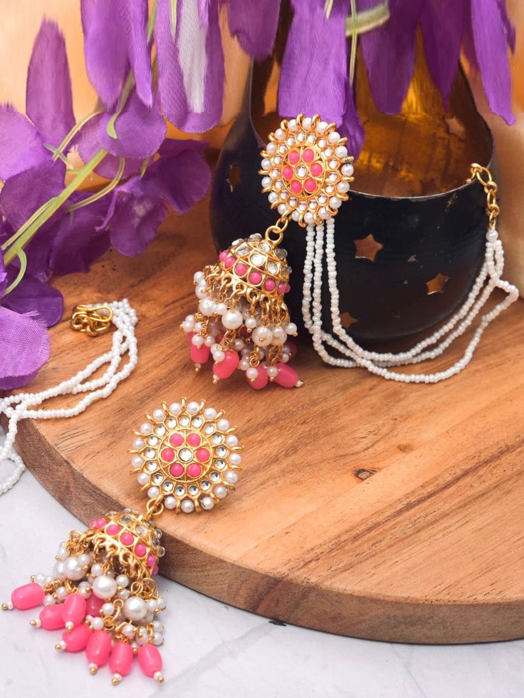 ATIBELLE Gold Plated Kundan-Studded Beaded Chain Jhumkas