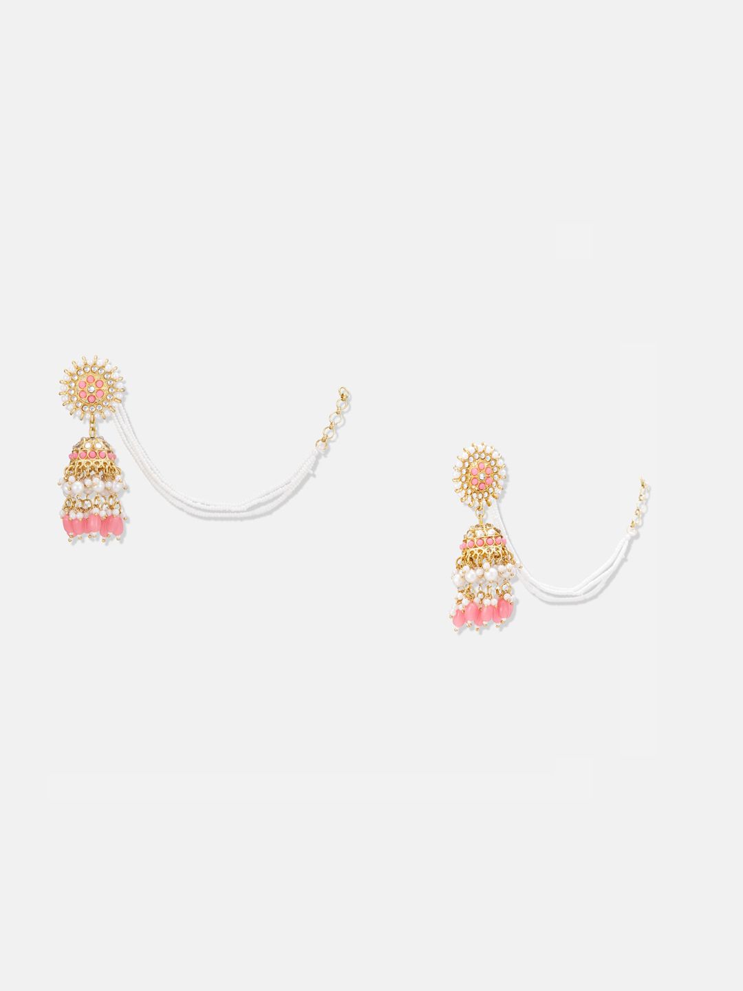 ATIBELLE Gold Plated Kundan-Studded Beaded Chain Jhumkas
