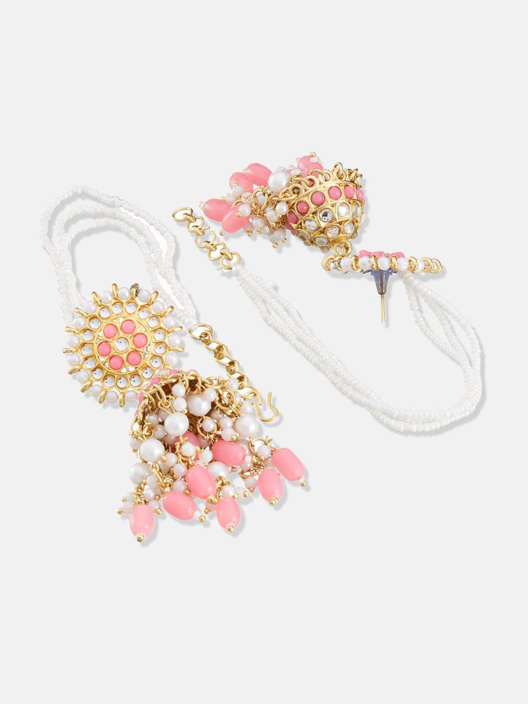 ATIBELLE Gold Plated Kundan-Studded Beaded Chain Jhumkas