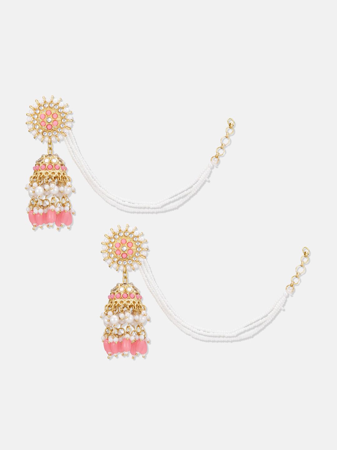 ATIBELLE Gold Plated Kundan-Studded Beaded Chain Jhumkas