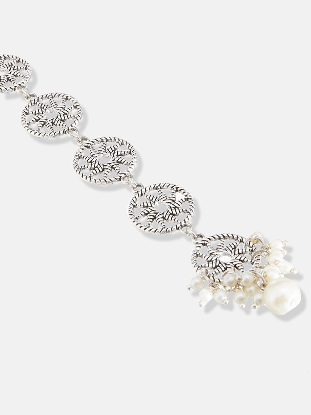 ATIBELLE Silver-Plated German Silver Layered Chakra-Floral Shaped Beaded Maangtikka