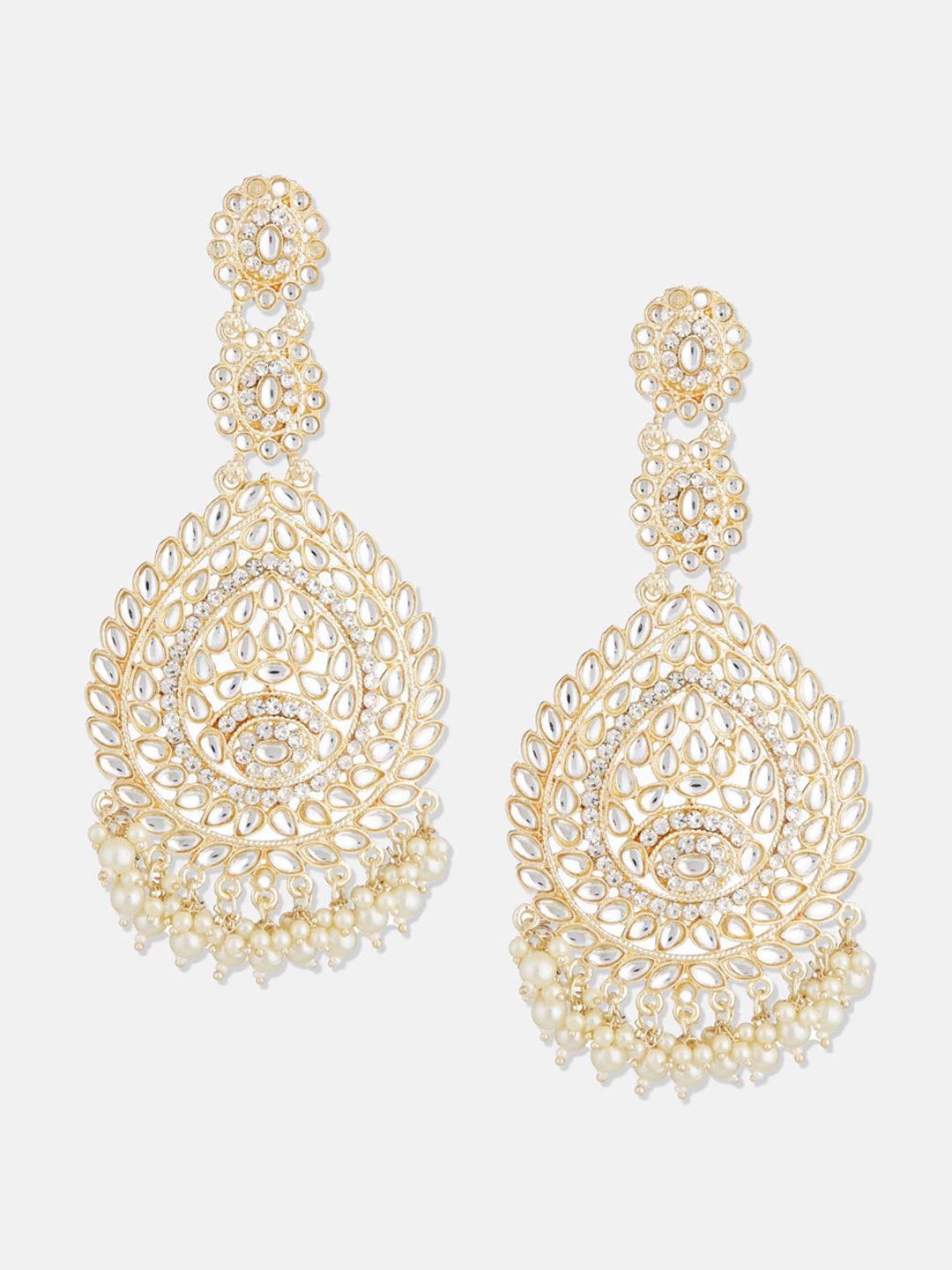 ATIBELLE Gold Plated Kundan-Studded Floral Shaped Long Chandbalis