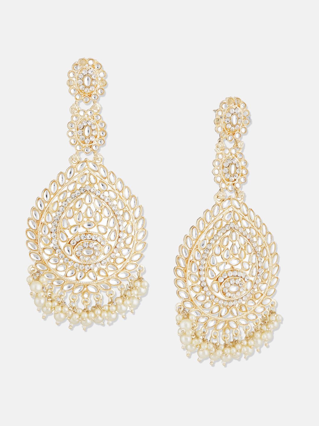ATIBELLE Gold Plated Kundan-Studded Floral Shaped Long Chandbalis