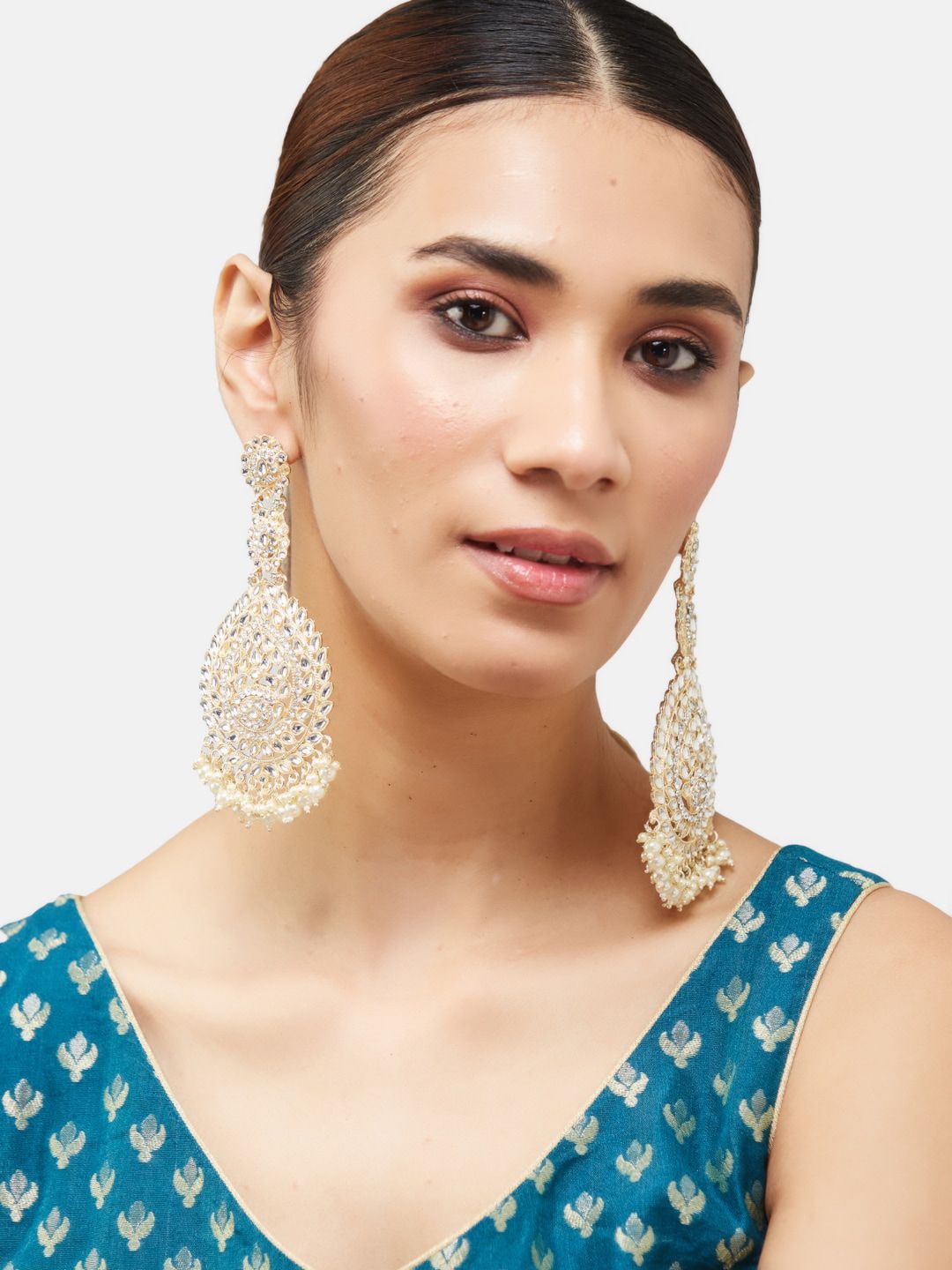 ATIBELLE Gold Plated Kundan-Studded Floral Shaped Long Chandbalis