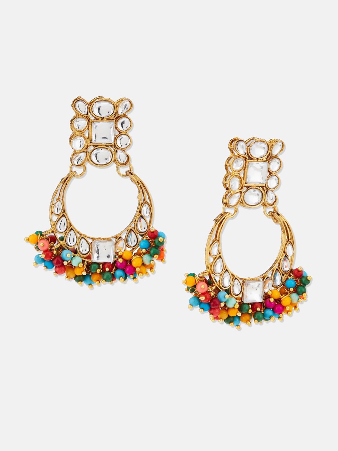 ATIBELLE Gold Plated & Floral Shaped Kundan-Studded & Beaded Chandbalis