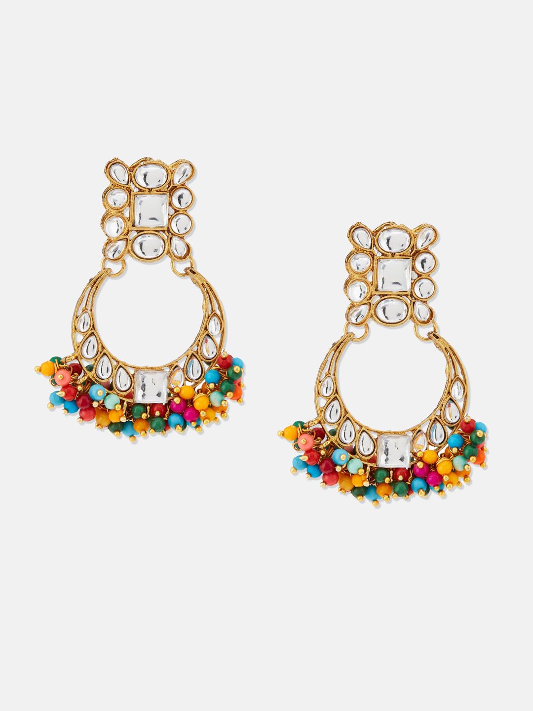 ATIBELLE Gold Plated & Floral Shaped Kundan-Studded & Beaded Chandbalis