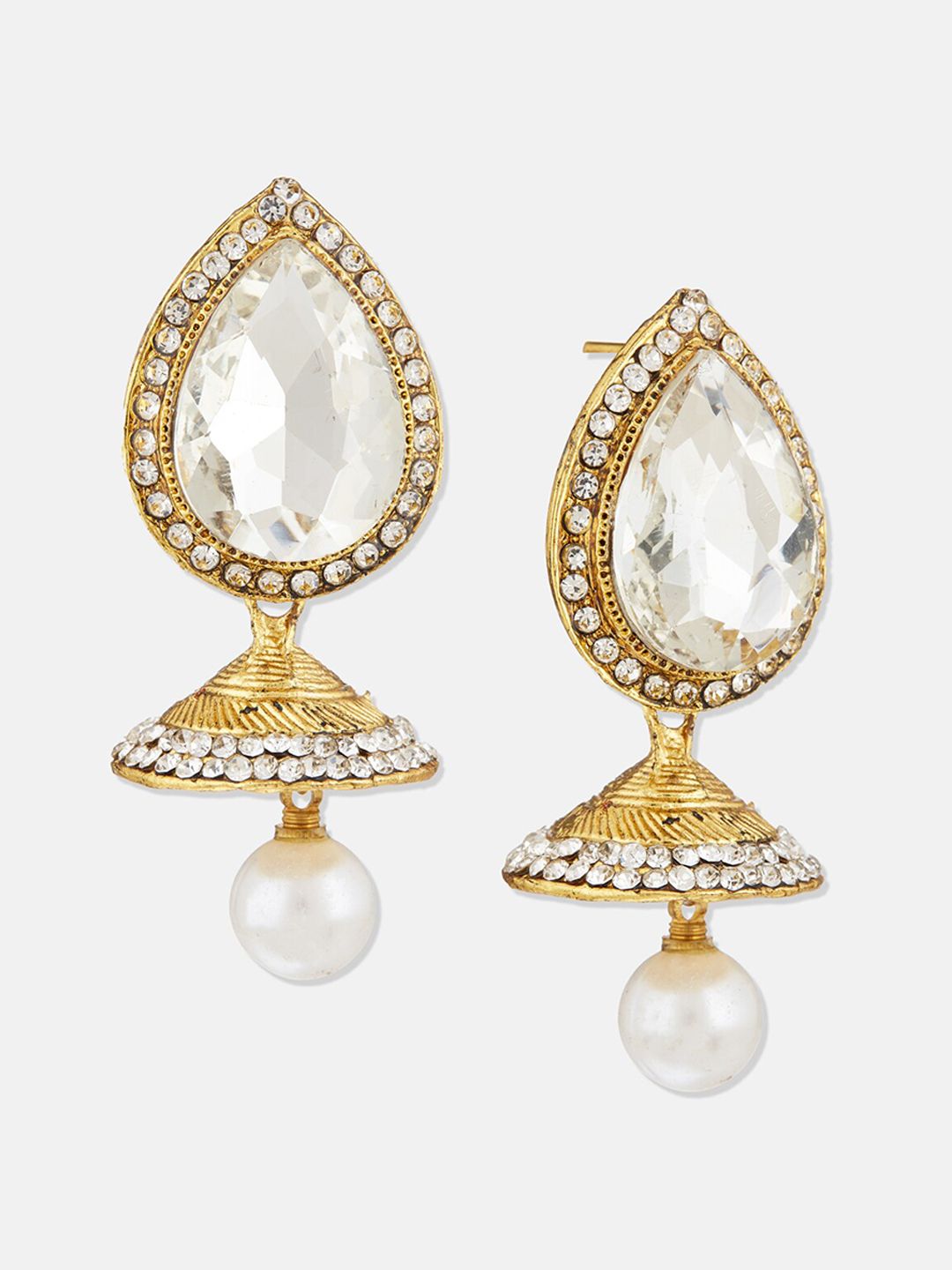 ATIBELLE Gold Plated Crystal-Studded & Pearl Beaded Drop Earrings